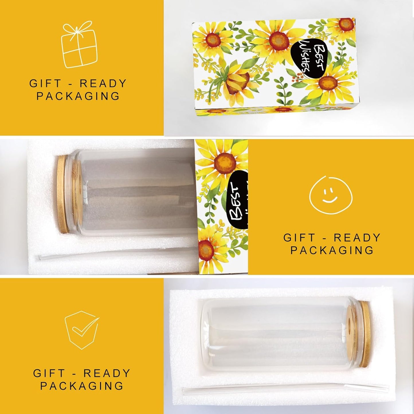 Birthday Gifts for Women, Initial Glass Cups W Lids and Straws, Sunflower Gifts for Women, Personalized Gifts, 16Oz Glass Tumbler Cups W/Straw Lid, Monogrammed Gifts, Birthday Gifts for Her Mom - J