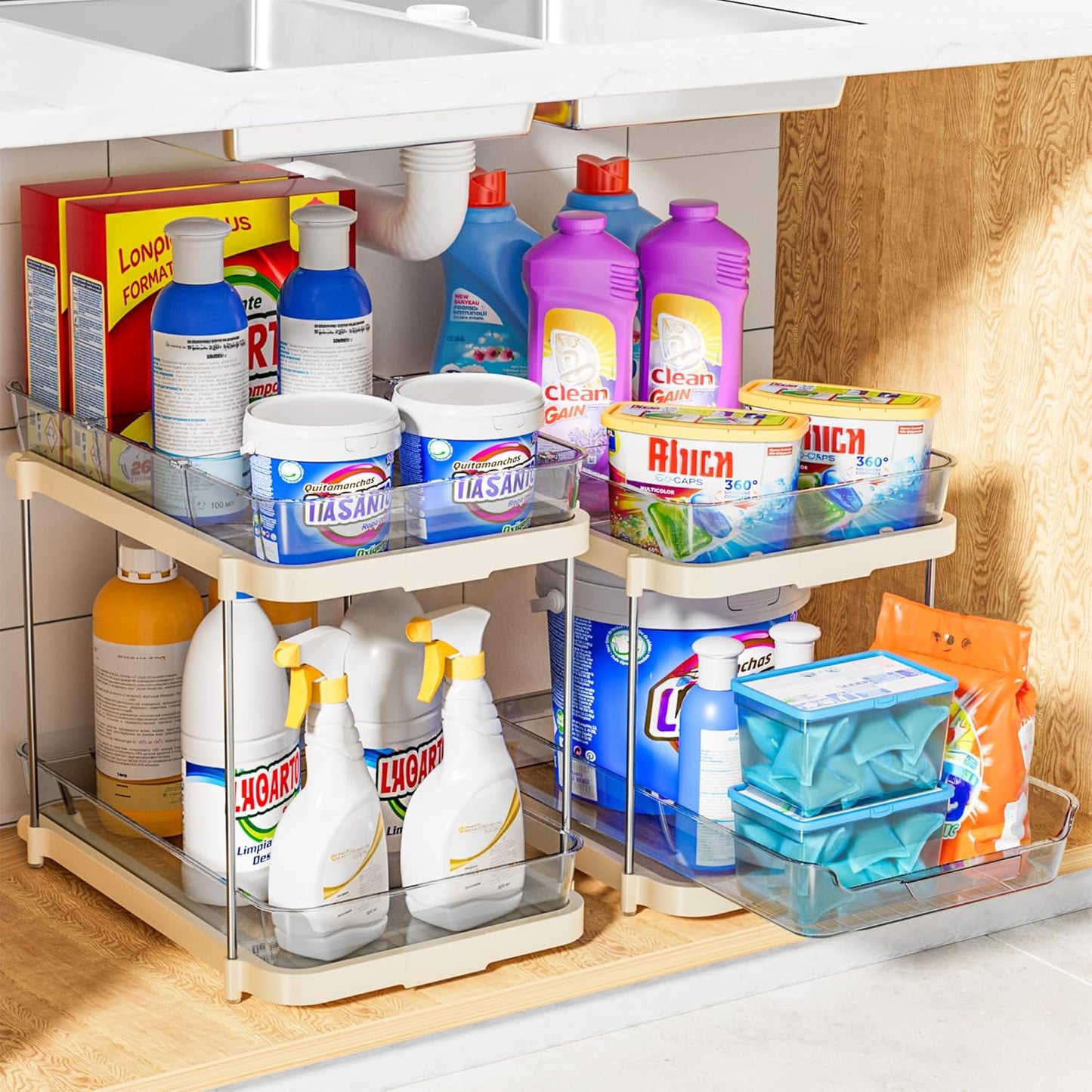 2 Sets of 2-Tier Multi-Purpose Bathroom Cabinet under Sink Organizers and Storage, Stackable Kitchen Pantry Organization and Storage, Beige