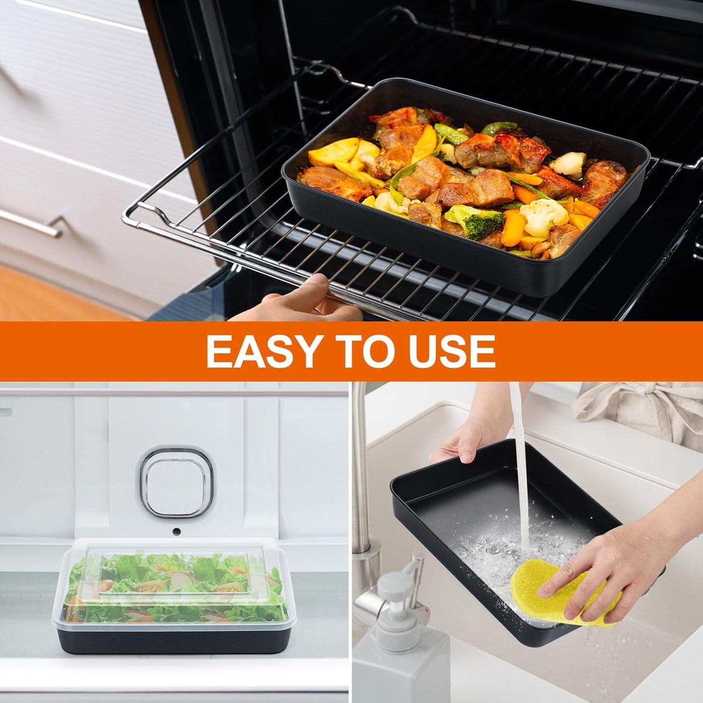 Toaster Oven Pan with Lid, Nonstick Cake Lasagna Pan Rectangular Tray for Baking Roasting Storing, Stainless Steel Core & Plastic Cover, Oven & Freezer Safe, (10.5 Inch, 2Pcs)