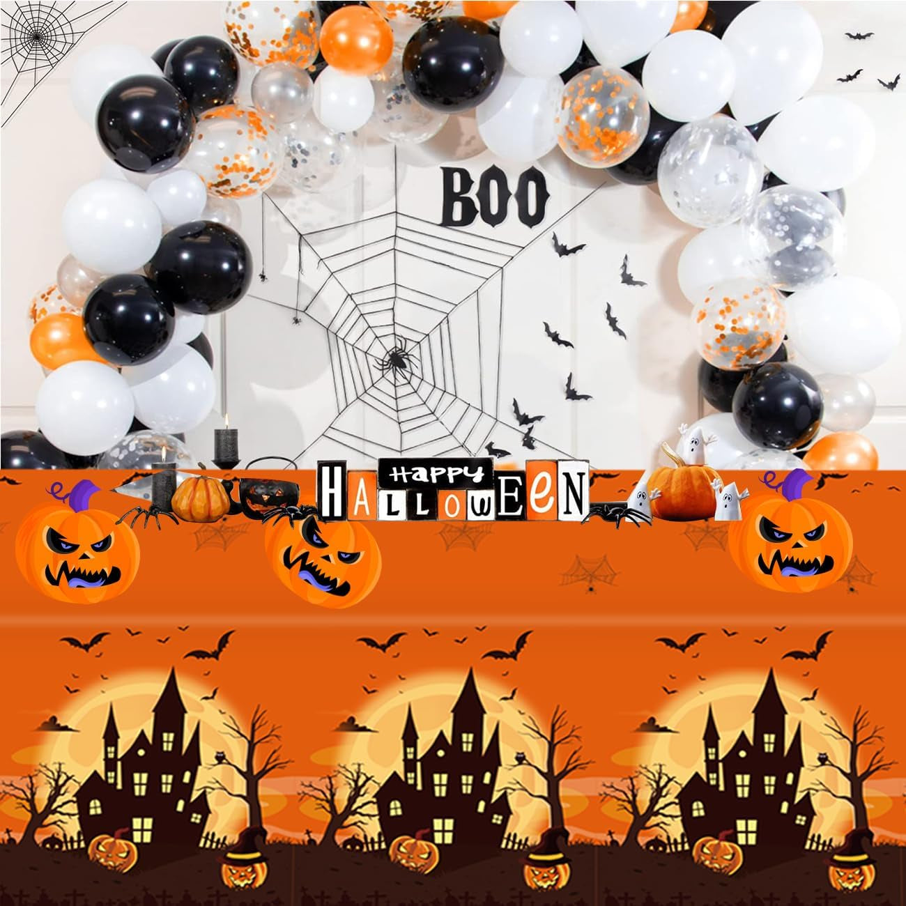 3 Packs Orange Halloween Tablecloth 54 X 108 Inches Scary Castle Ghost Pumpkin Table Cloth Disposable Waterproof Plastic Bat Spider Web Table Cover Trick or Treat for Halloween Party Dining