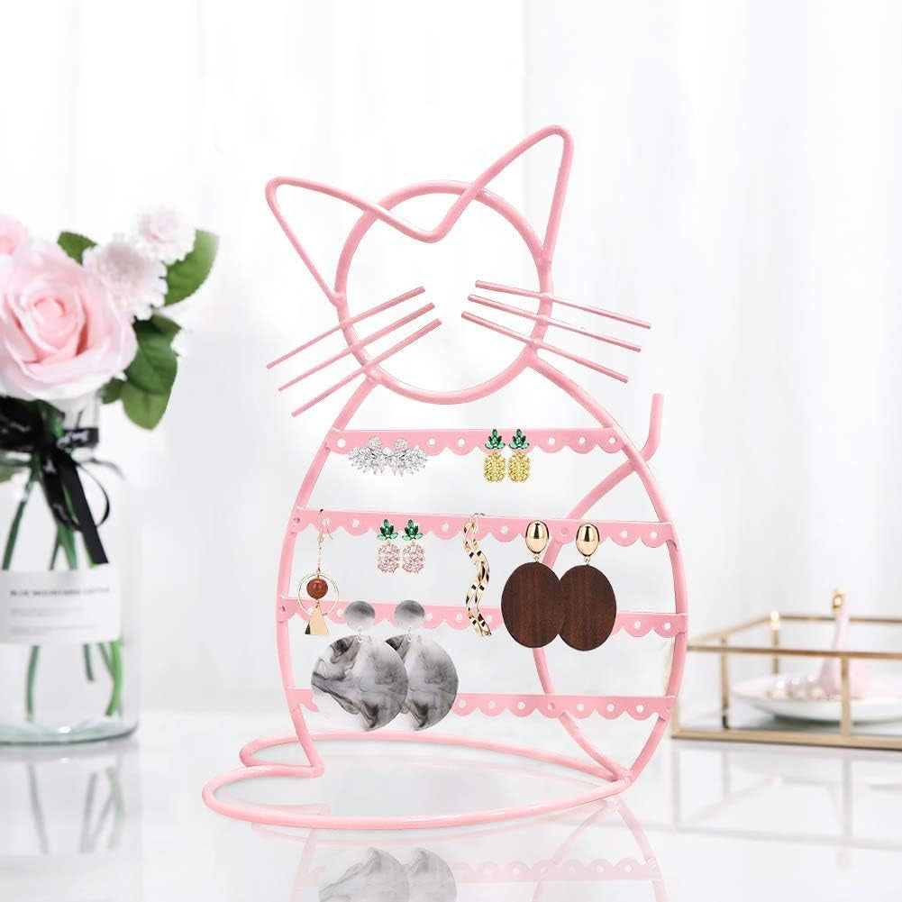 Jewelry Organizer Stand Cat Shaped Earring Holder Organizer Metal 48 Stud Earring Holes Jewelry Holder, Metal Jewelry Display Vanity Organizer for Girls - Macron Pink