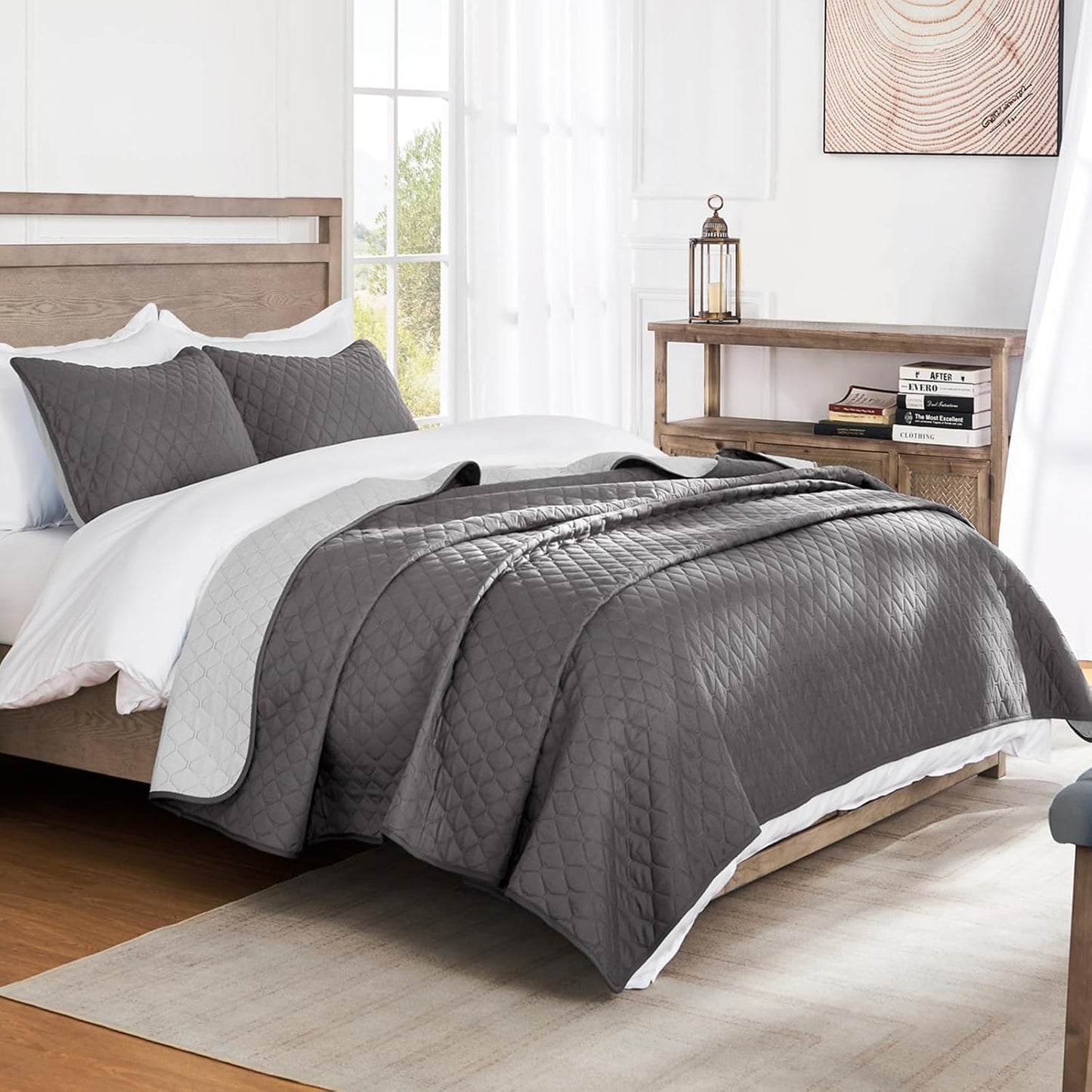 Ultrasonic Reversible Full/Queen Quilt Bedding Set with Pillow Shams, Lightweight All-Season Bedspread, Soft Coverlet in Grey (90" x 96")