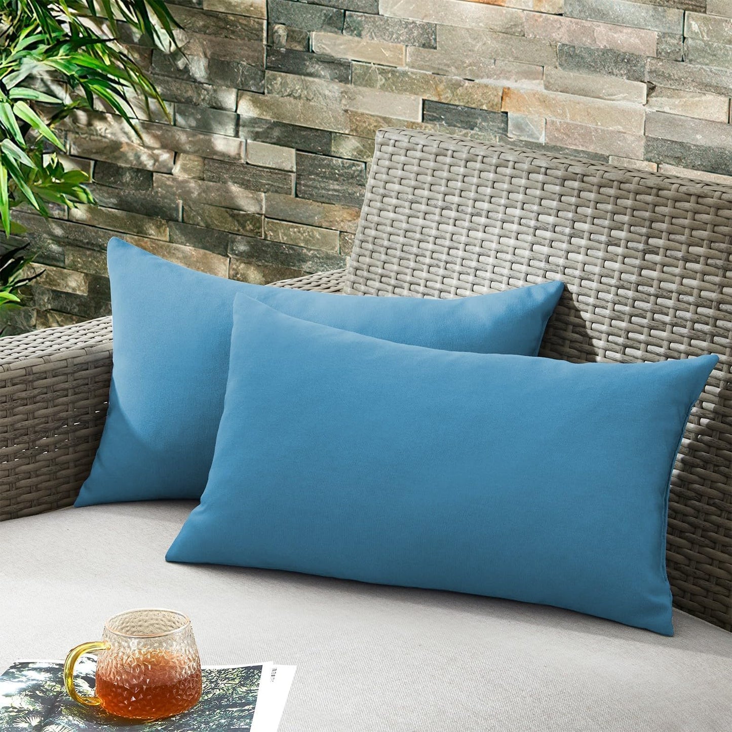 ® Outdoor Water Resistant Throw Pillows, Feathers and down Filled Decorative Pillows for Couch Cushion Garden Bench 12 X 20 Inch, Set of 2, Blue