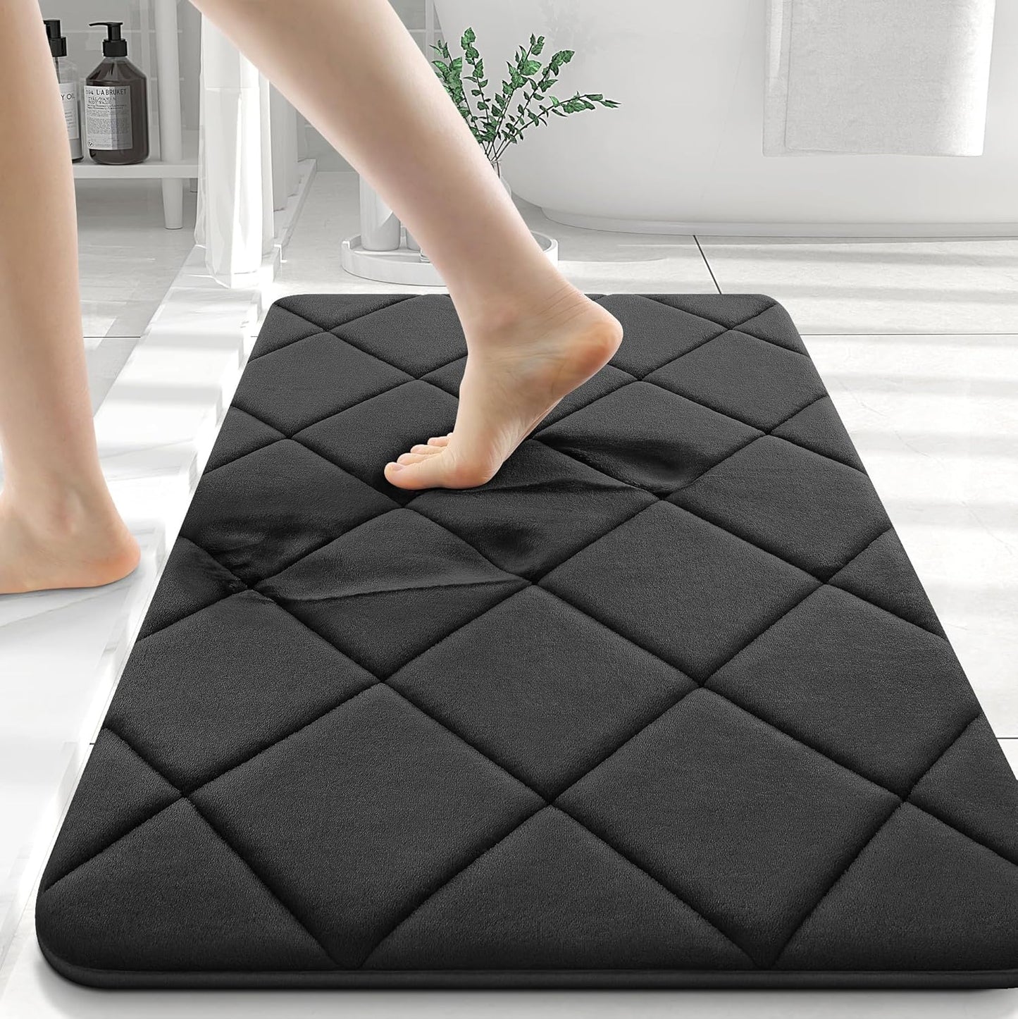 Memory Foam Bath Mat and Shower Curtain, Bath Mat Size 30X20 in Black and Shower Curtain 72X72 in Black Grey, 2 Item Bundle