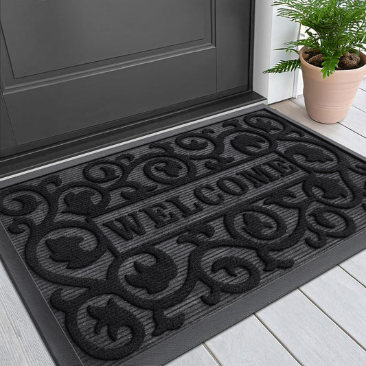 Welcome Door Mat outside Entrance, Heavy Duty Trap Dirt and Moisture Easy Clean Low Profile Patio Porch Indoor Outdoor Front Doormat for Entry, 29.5X17 Inch, Black/Welcome