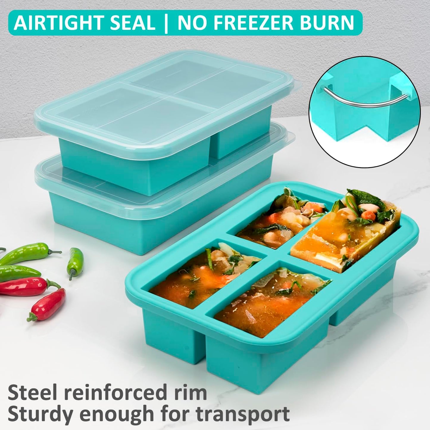 Silicone Freezer Trays with Lid, 3 Pack of 1 Cup 2 Cup 6 Cup, Airtight Large Silicone Ice Cube Tray Mold for Soup Cube Food Storage Meal Prep, Steel Reinforced Rim, Oven Dishwasher Safe, Aqua