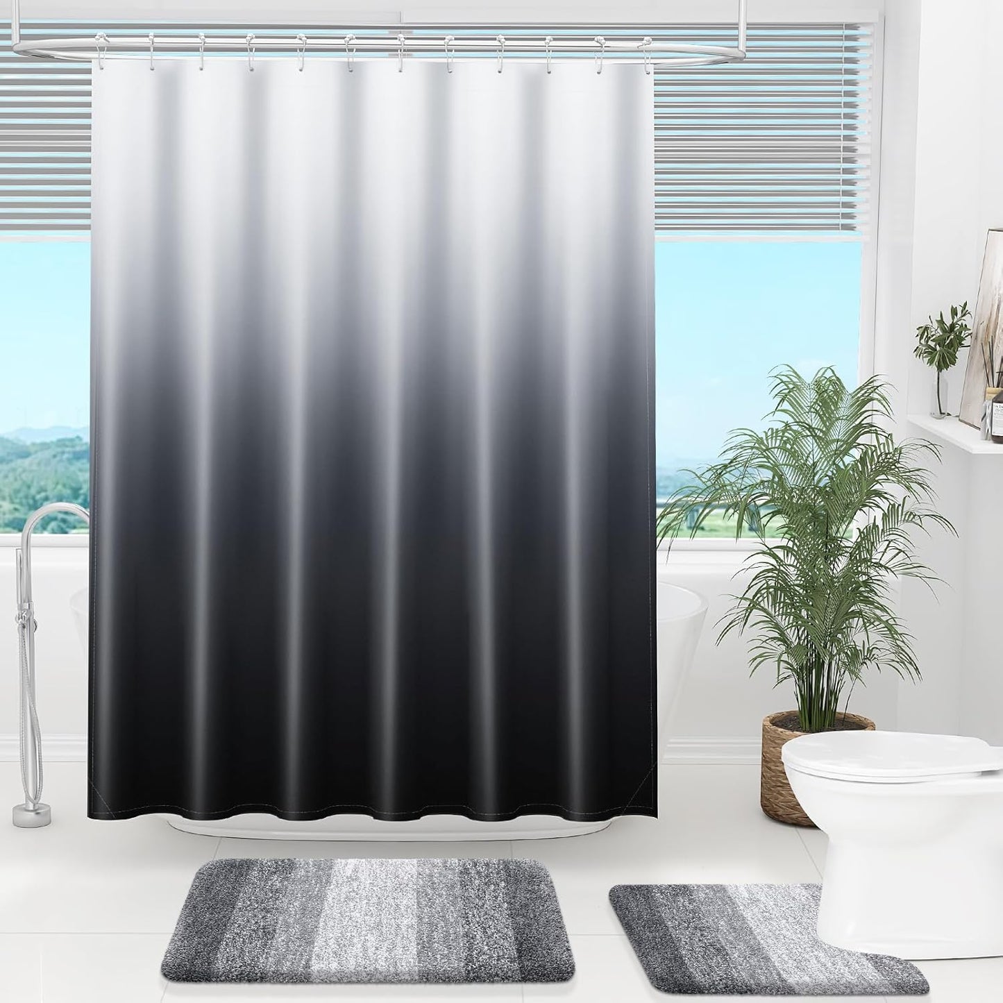 Memory Foam Bath Rug and Shower Curtain, Bath Rug Size 30X20 in Black and Shower Curtain 72X72 in Black Grey, 2 Item Bundle