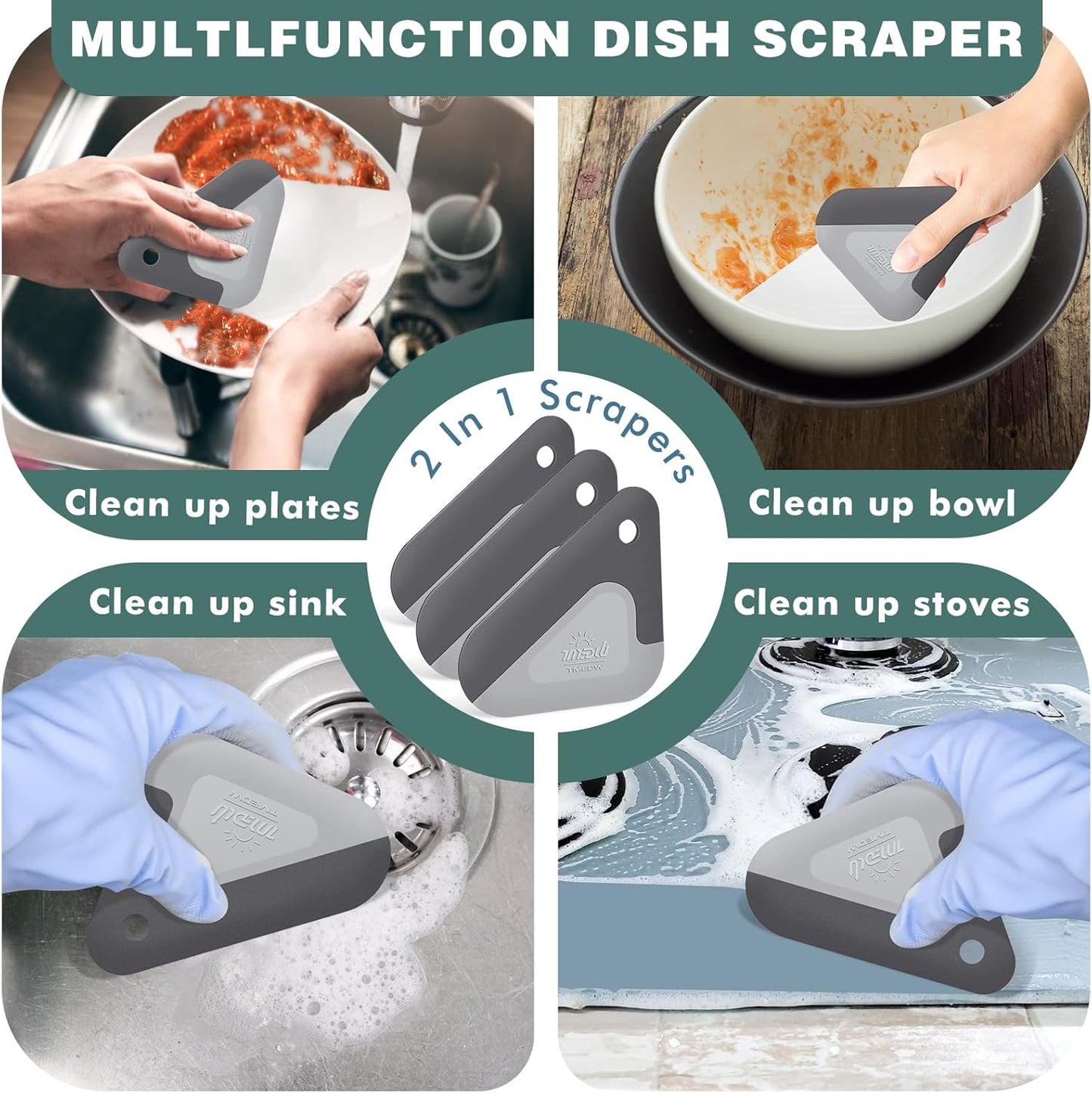 5 Pcs Pan and Pot Scraper -Aqua, Nylon Silicone 2 in 1 Kitchen Dish Scraper