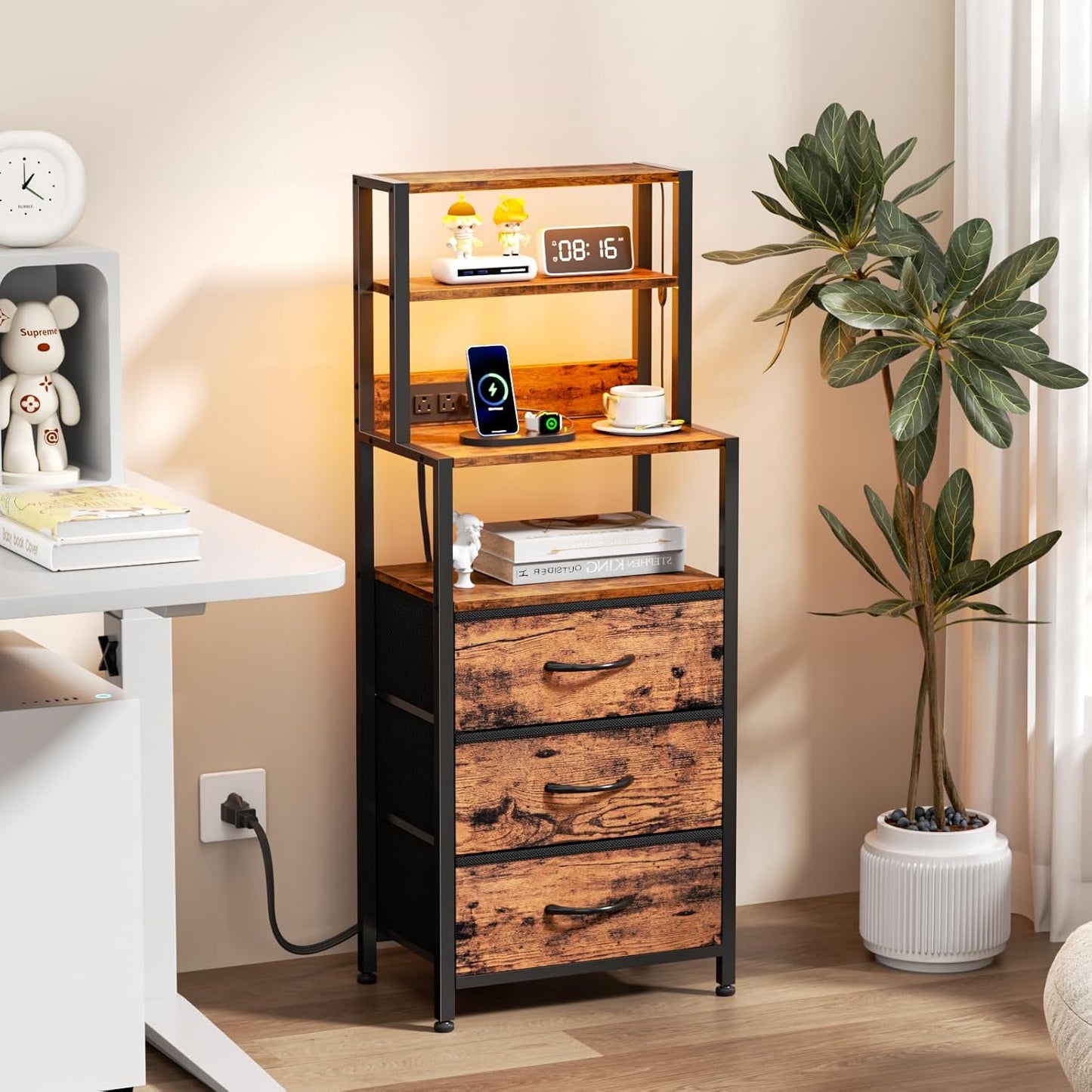 Tall Nightstand with 4-Tier Shelves, 3 Fabric Drawers, LED Charging Station, Rustic Brown Bedside Table for Bedroom, Hallway, and Office