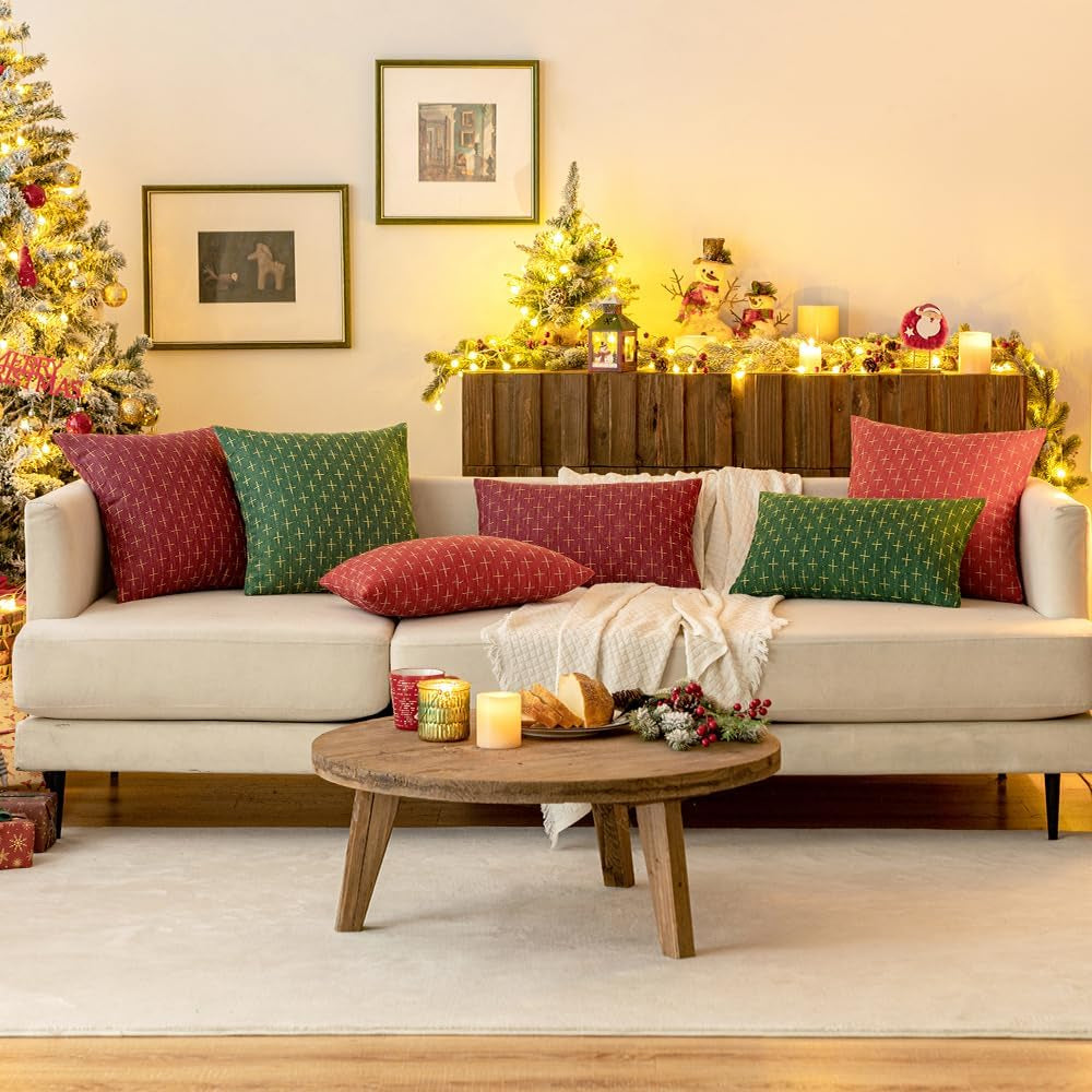 Pack of 2 Christmas Decorative Burlap Linen Throw Pillow Covers Modern Farmhouse Pillowcase Rustic Woven Textured Cushion Cover for Sofa Couch Bed 18X18 Inch Christmas Green