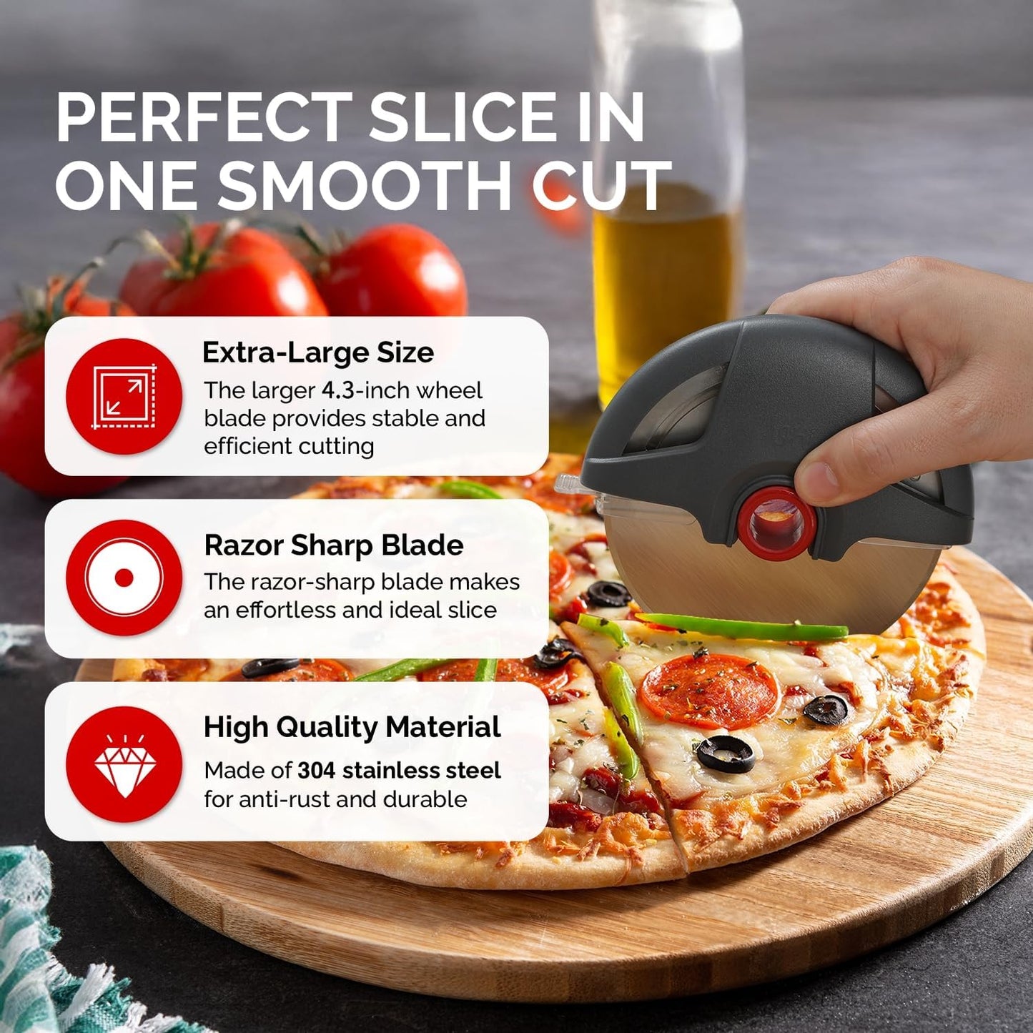 Pizza Cutter Wheel, Heavy Duty Pizza Slicer, Stainless Steel Large Pizza Wheel Blade with Safety Rotating Guard, Thickened Blade Ergonomic Handle Cut through Crust with Ease, Gray