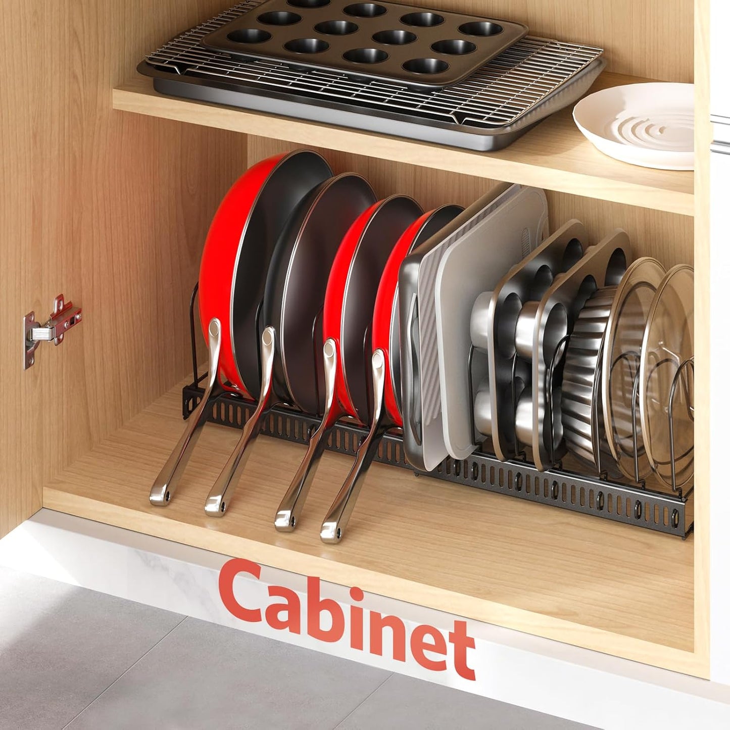 Pots and Pans Organizer under Cabinet with Pan Holder: Expandable 11.8"-22.8" Kitchen Cabinet Organizer Rack, 12 Adjustable Dividers Storage for Cookie Sheets, Cutting Boards & Heavy Cookware