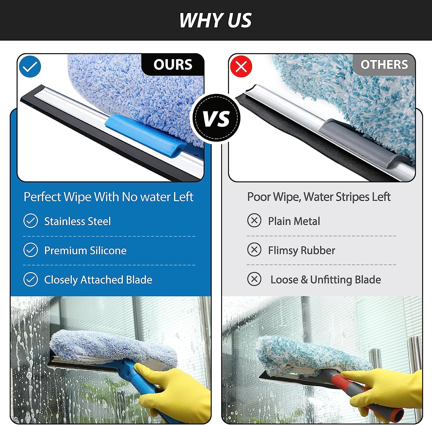 Professional 69'' Window Squeegee Cleaner Tool with Extension Pole, 2-In-1 Squeegee for Window Cleaning Kit with Scrubber and Rotating Head, 1 Blade 2 Scrubber