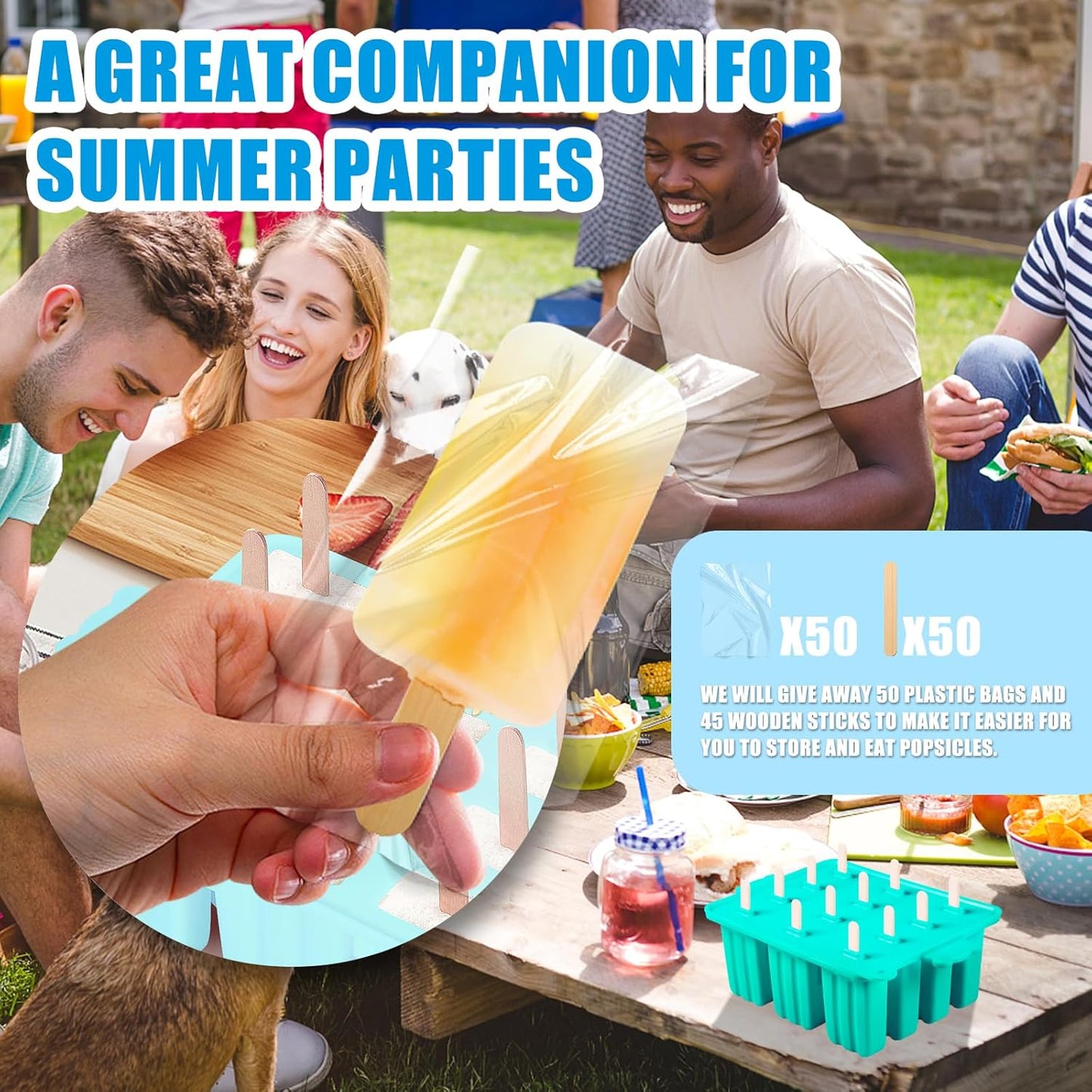 Popsicles Molds, Silicone Ice Pop Mold Food Grade Cakesicles Mold for Ice Cream 50 Popsicle Sticks 50 Popsicle Bag (Blue, 12 Cavities)