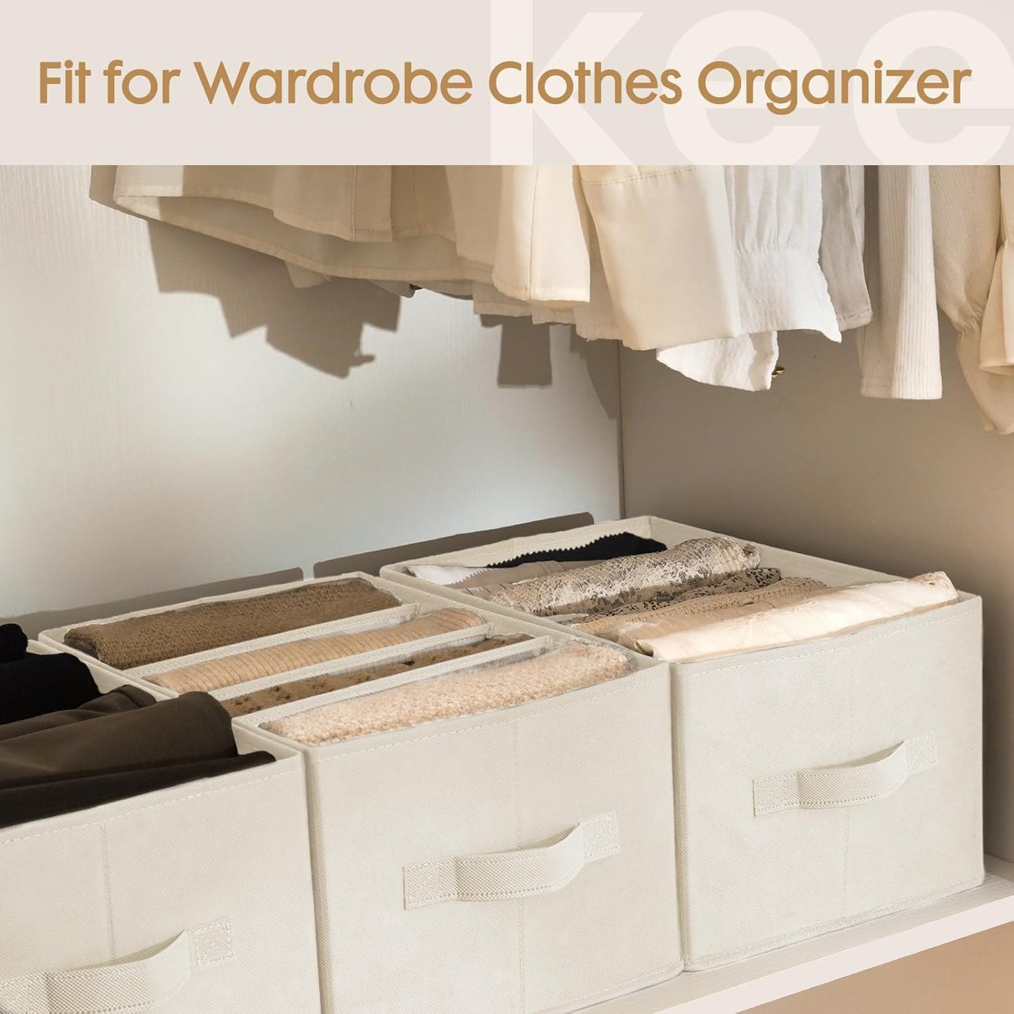 6 Pack Large Clothes Organizer, Wardrobe Closet Organizer and Storage with Handles, Foldable Fabric Closet Organizers Dividers for Clothing, Pants, Jeans, Sweater, T-Shirts, Beige