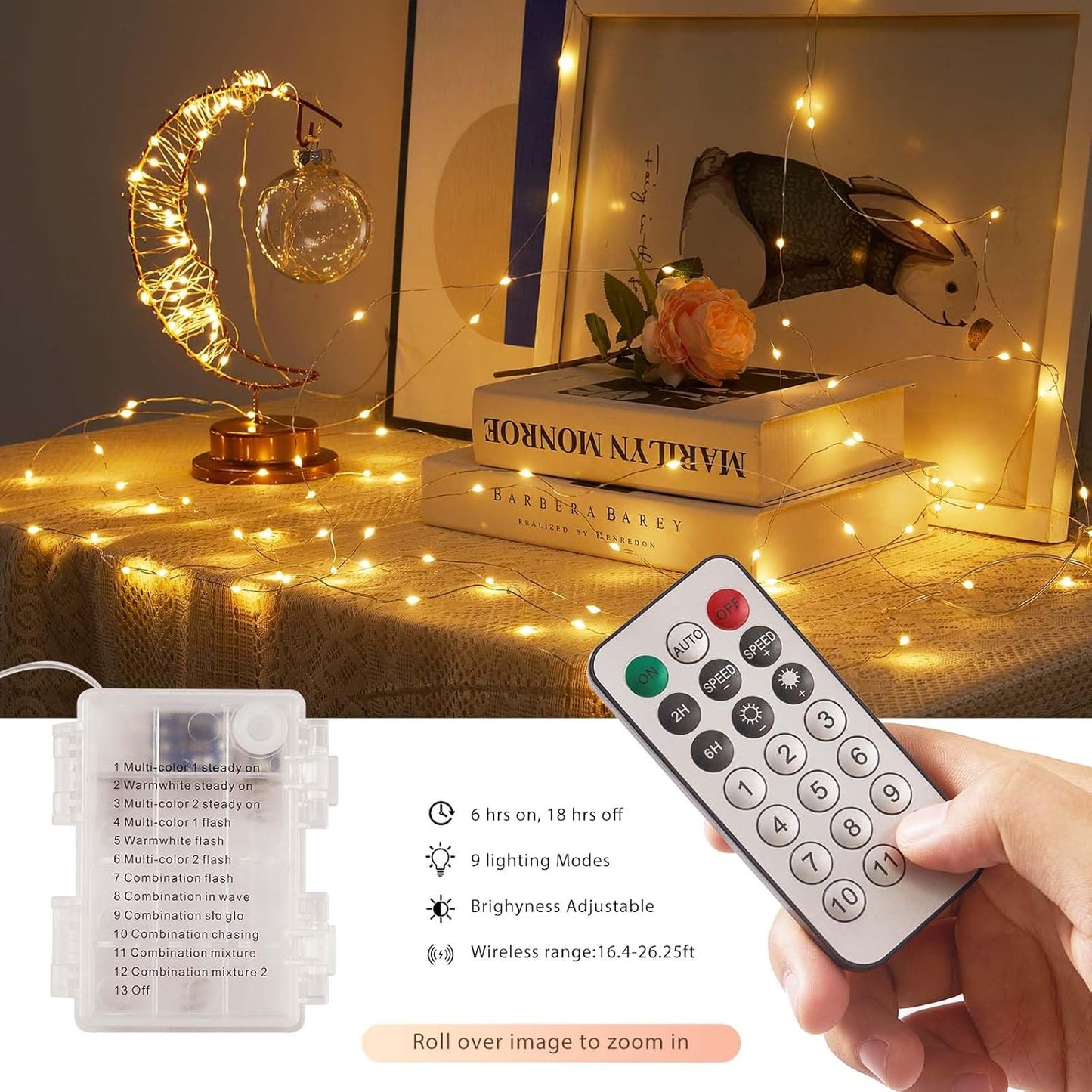 1 Pack Warm White & Multi-Color Battery Operated String Lights, 5M/16.4Ft. 50 Leds Remote Control Timer 12 Modes Optional Twinkle Battery Powered Fairy Lights Sliver Wire Firefly Lights