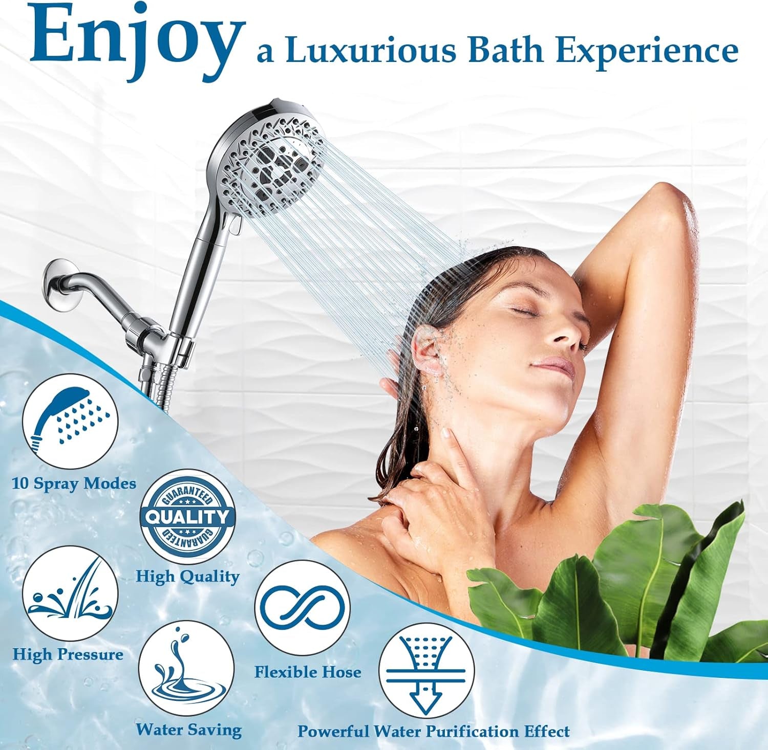 10 Settings Shower Head with Handheld, 5" High Pressure Showerhead Include 2 Powerful Wash Modes for Cleaning Bathroom, Hand Held Shower Head Set with Stainless Steel Hose Filter for Hard Water