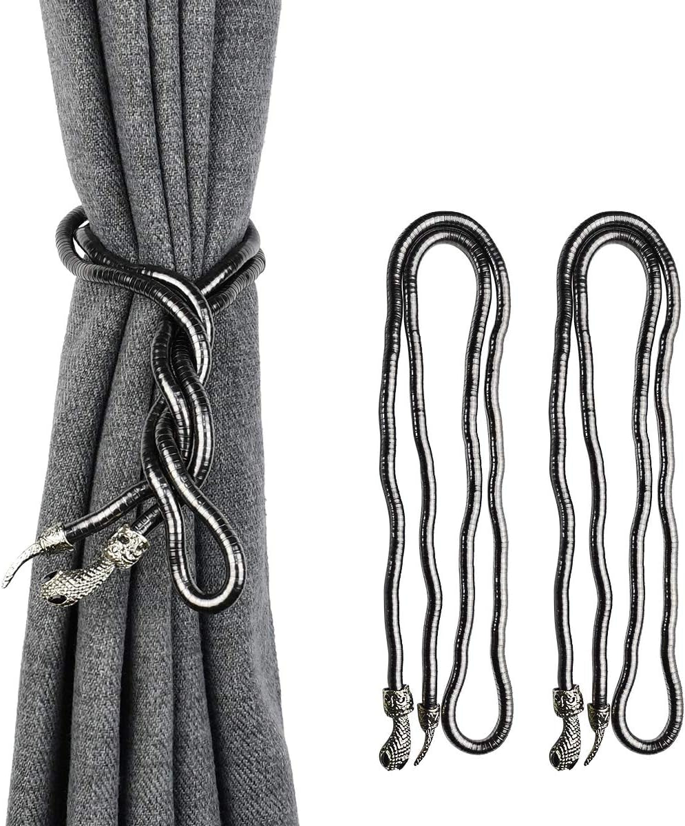 Snake Curtain Tiebacks Clips, Decorative Drapes Holdbacks, Handmade Metal Rope Tiebacks, Creative Window Drapes Twist Tie Backs, Snake Crafts (Black, 2 Pack)
