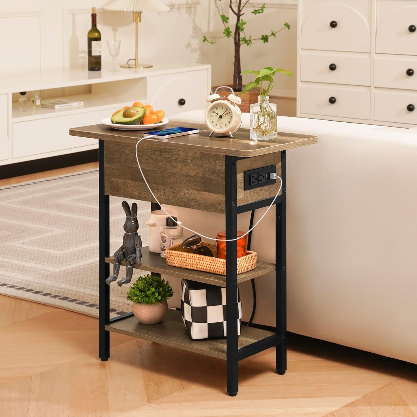 End Table with Charging Station, Flip Top Side Table with USB Ports and Outlets, Sofa Couch Table Bedside Table for Living Room Bedroom, Narrow Nightstand with Storage Shelves for Small Space