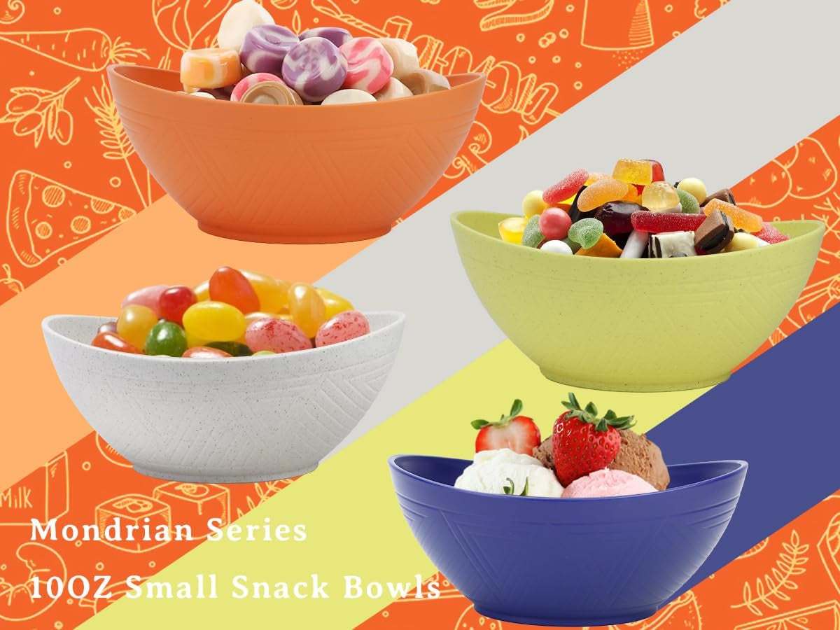 Wheat Straw Mini Bowls - 10 OZ Oval Set of 4 for Snacks, Desserts, Fruits, Ice Cream, Dips, and Yogurt, 5 Inch, Microwave and Dishwasher Safe, Mondrian Color