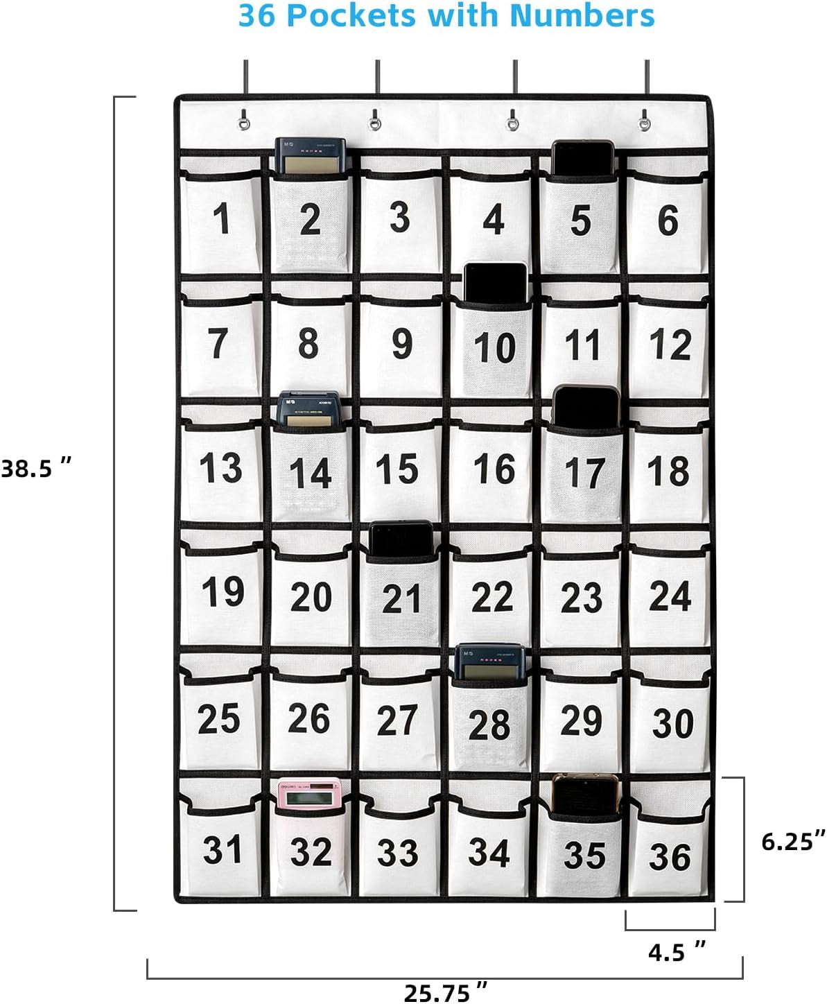 36-Pocket Numbered Classroom Pocket Chart for Cell Phone and Calculator Storage with 4 Stainless Steel Hooks (White)