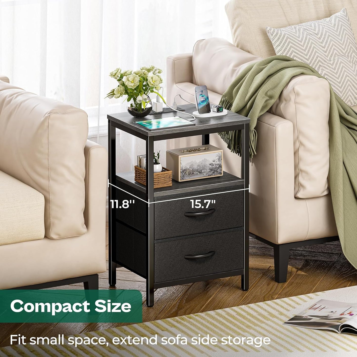 Charcoal Gray Nightstand with Integrated Charging Station, Fabric Drawers, Open Shelf, and USB Ports