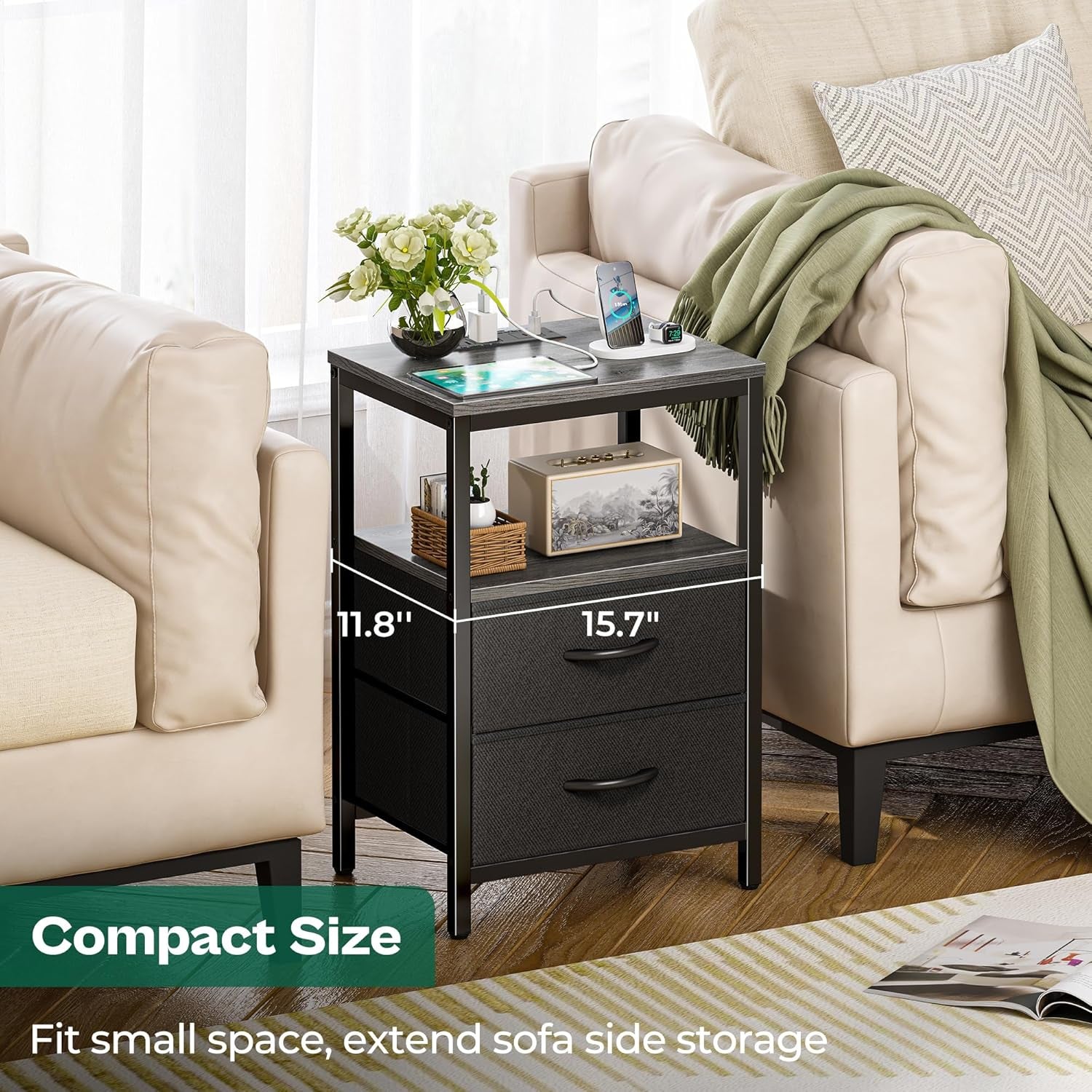 Charcoal Gray Nightstand with Integrated Charging Station, Fabric Drawers, Open Shelf, and USB Ports