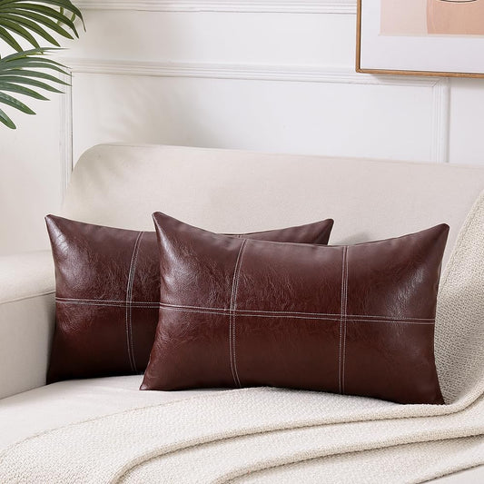 2 Packs Burgundy Boho Lumbar Plaid Faux Leather Decorative Throw Pillow Covers 12X20 Inch for Couch Bed Sofa, Hand Stitched Rectangle Cushion Case, Rustic Modern Farmhouse Home Décor