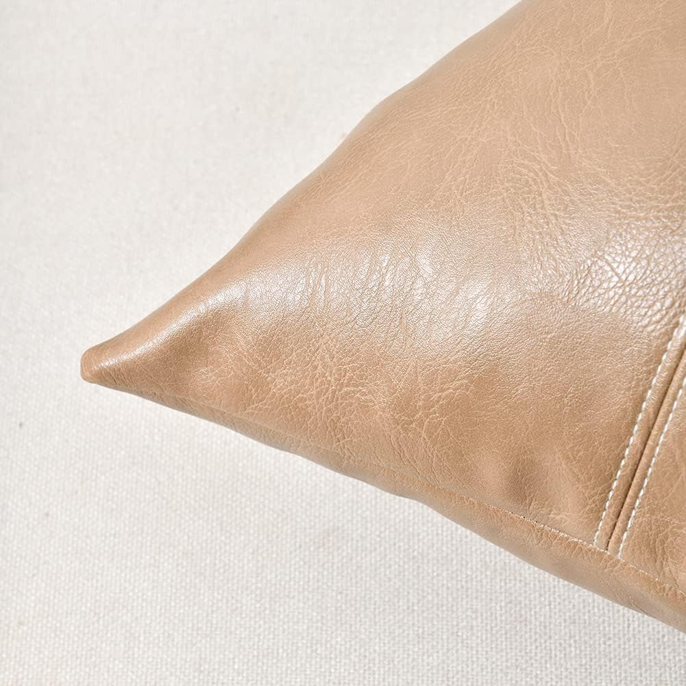 Tan Lumbar Waterproof Faux Leather Decorative Throw Pillow Covers 12X20 Inch for Living Room Couch Bed, Beige Hand Stitched Cushion Case 30X50 Cm, Taupe Modern Farmhouse Home Décor