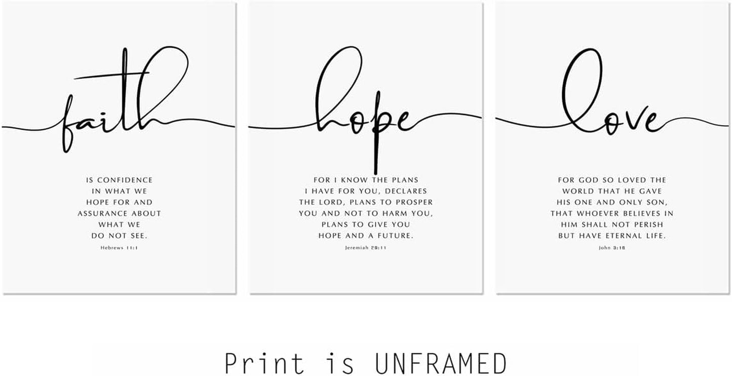 Faith Hope Love Wall Art, Bible Verse Wall Art, Christian Wall Decor, Farmhouse Christian Decor, Bedroom Wall Decor, Hebrews 11, John 3, Jeremiah 29, Scripture Quote, UNFRAMED 11X14Inch