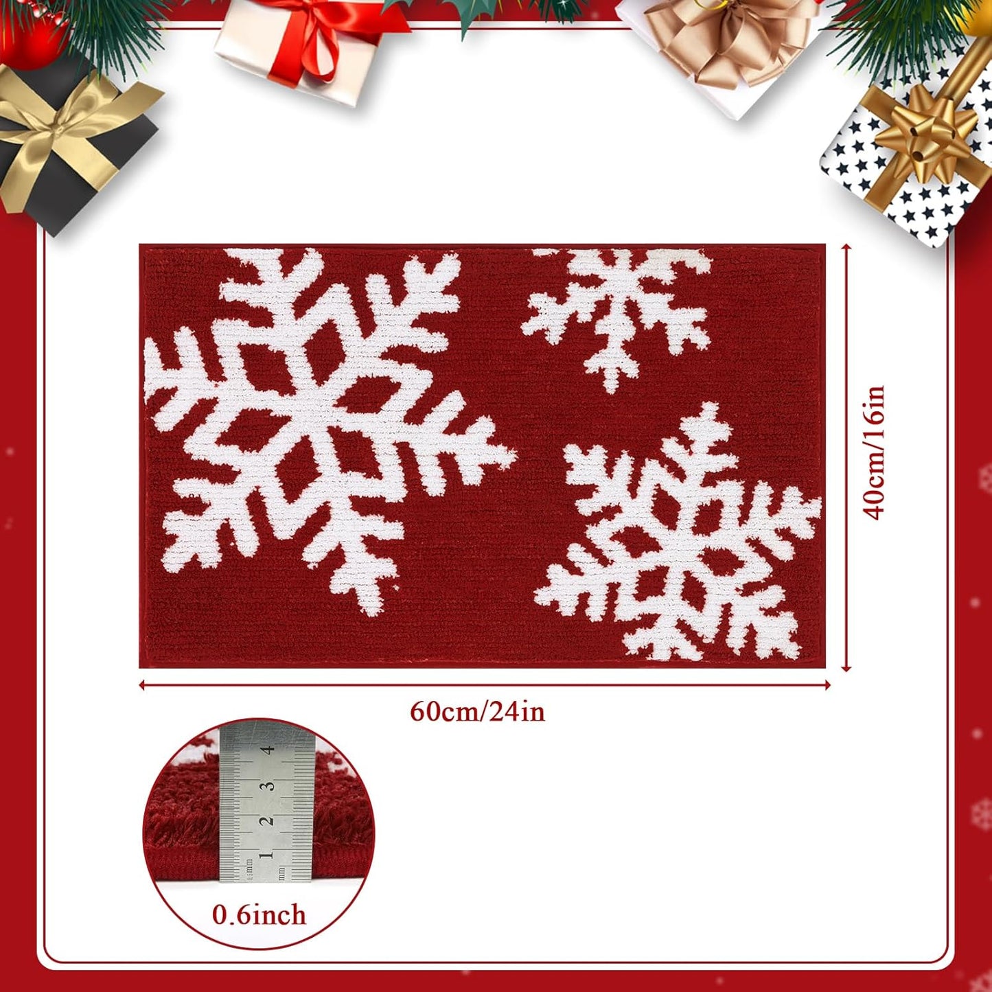 Snowflake Christmas Bathroom Rugs 16"X24" Soft & Absorbent Micorfiber Bath Mats Fluffy Plush Non Slip Carpet Washable for Bathroom Floor(Christmas Red, 1'4" X 2')