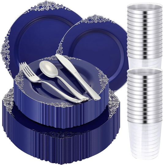 300-Piece Heavy-Duty Navy Blue Plastic Dinnerware Set with Silverware - Includes 50 Dinner Plates (10.2"), 50 Dessert Plates (7.5"), and 150 Silver Utensils for Weddings and Events