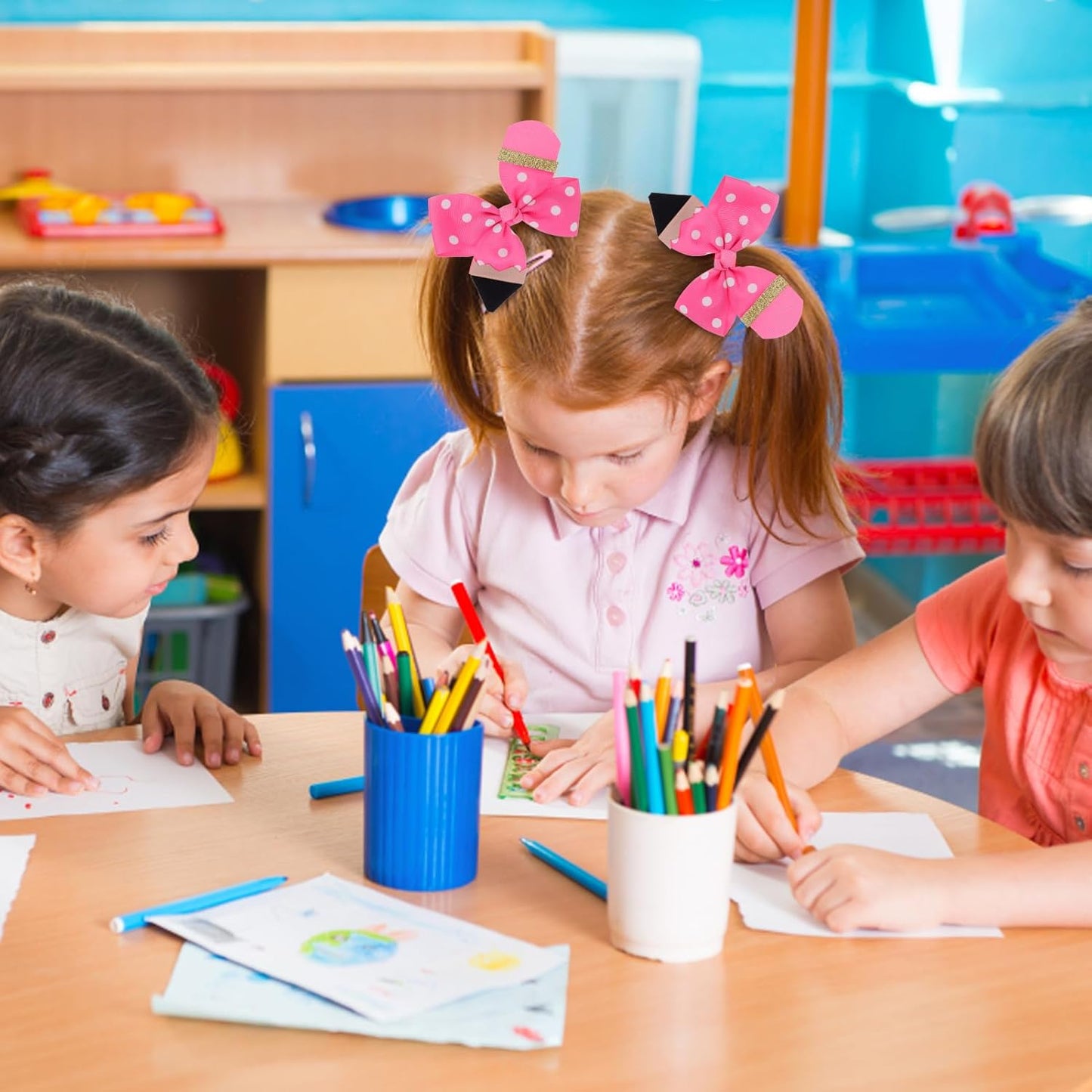 Back to School Hair Accessories - Funny Pencil Hair Clips and Cute Bows for Girls, First Day School Gift for Student Uniform Outfits (Pink)