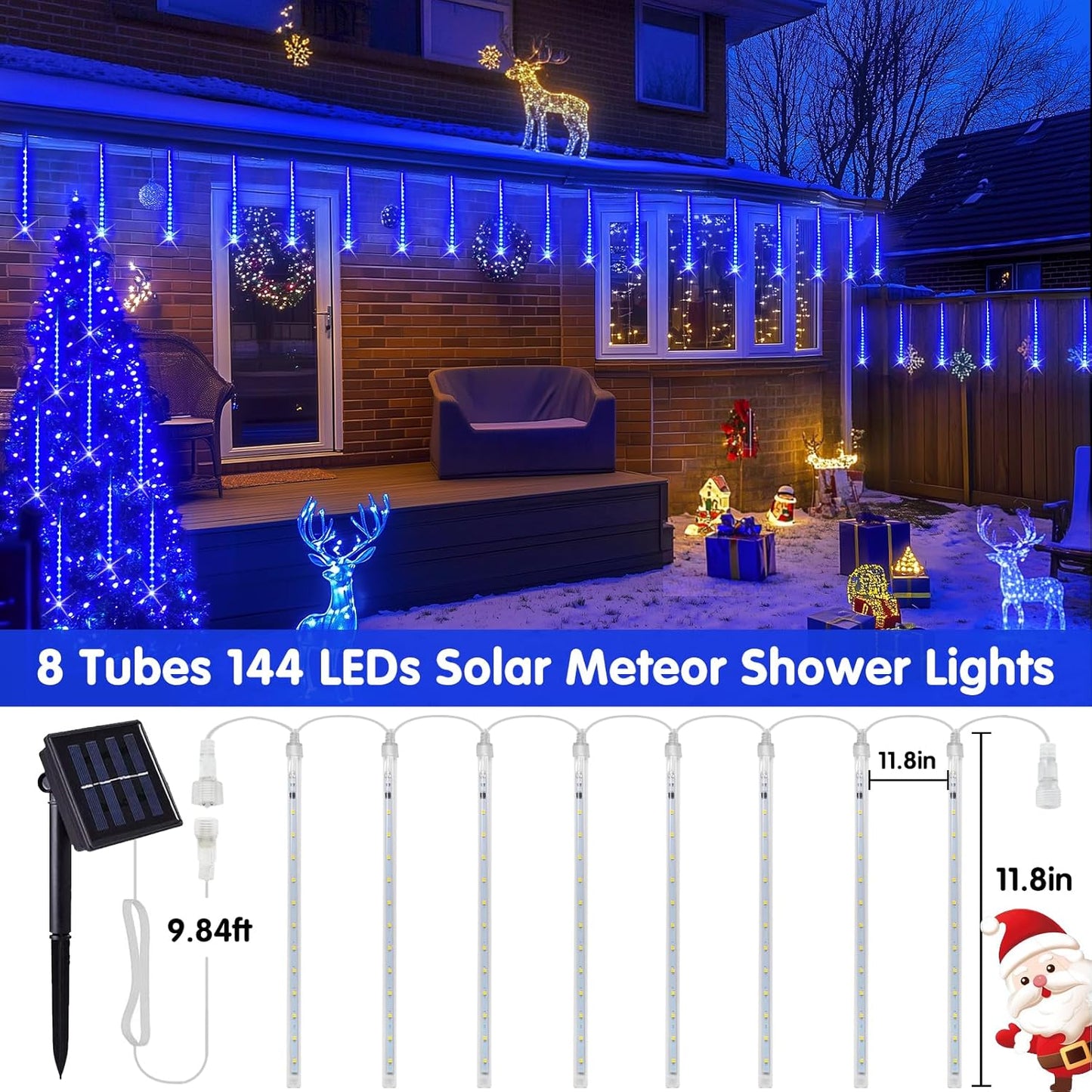 Solar Christmas Lights Outdoor, 8 Tube 144 Leds Solar Meteor Shower Lights Outdoor, Hanging Christmas Light for Gazebo Tree Icicle Garden Yard Party Patio Xmas Decor (Blue)
