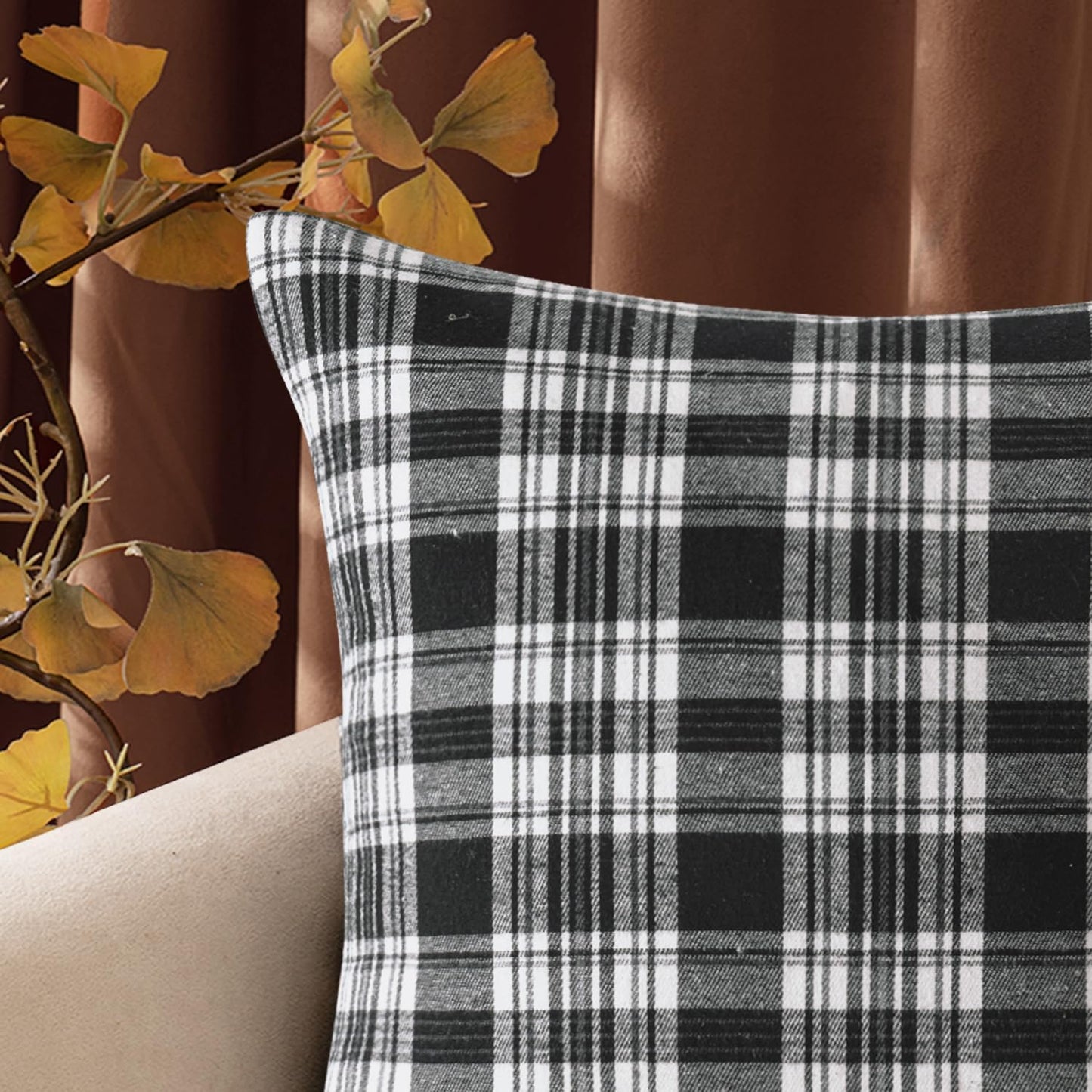 Scottish Tartan Plaid Throw Pillow Covers - Set of 2, 18x18 Inch Black and White Decorative Cushions for Farmhouse Style Outdoor Halloween and Thanksgiving Decor