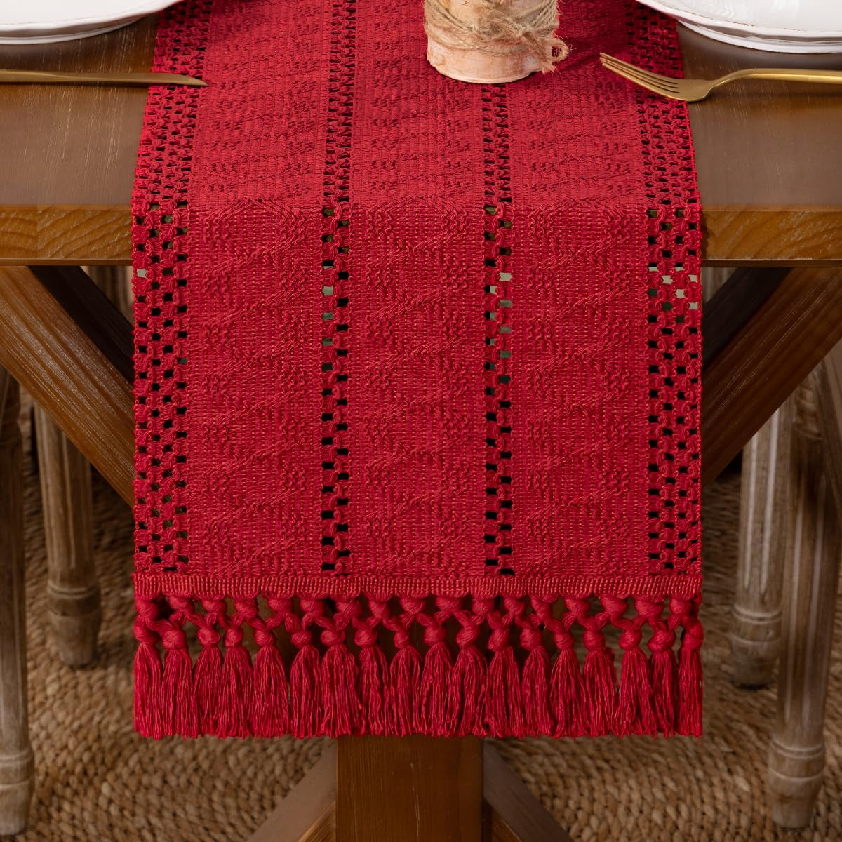 Boho Macrame Table Runner Fall Farmhouse Woven Small Table Runner with Tassels 36 Inches Red Cotton Linen Kitchen Table Centerpiece for Dining Dresser Home Tea Table Decor