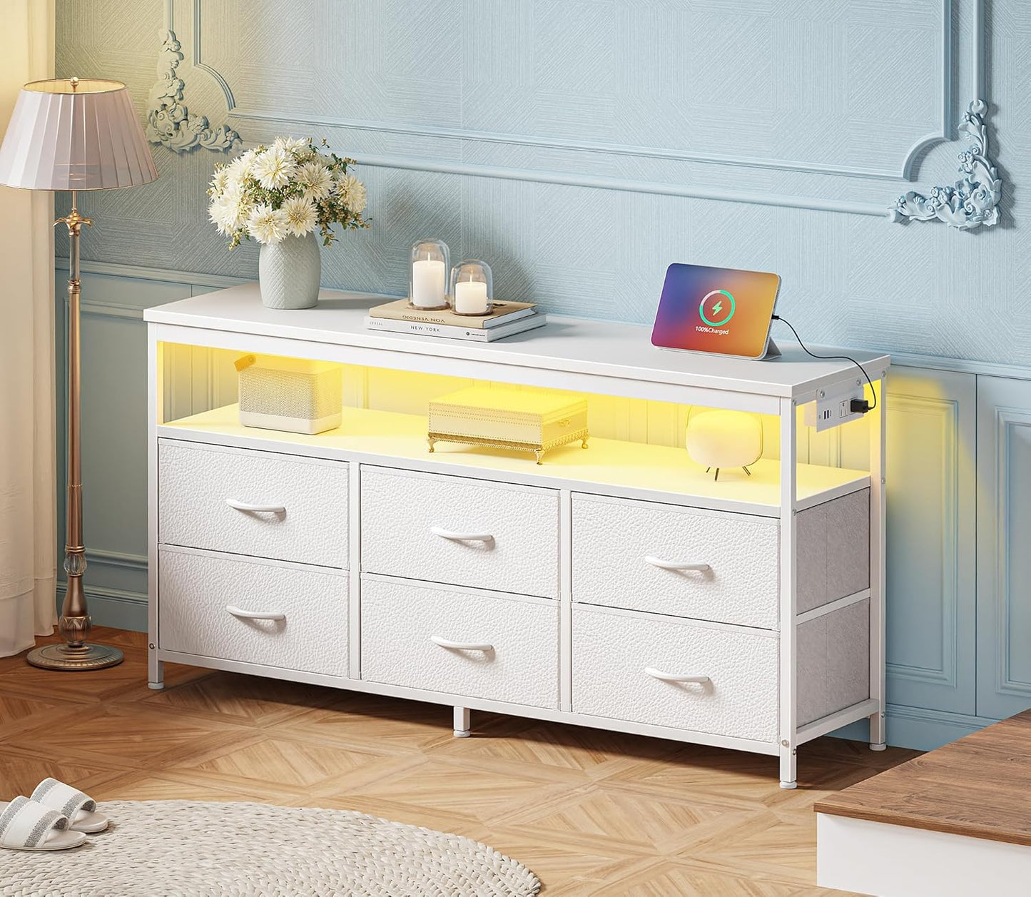 Modern LED TV Stand for Bedroom - 47 Inch Dresser with Storage for 43, 50, and 55 Inch TVs, White Entertainment Center with Power Outlets and 6 Drawer Fabric Dresser for Living Room