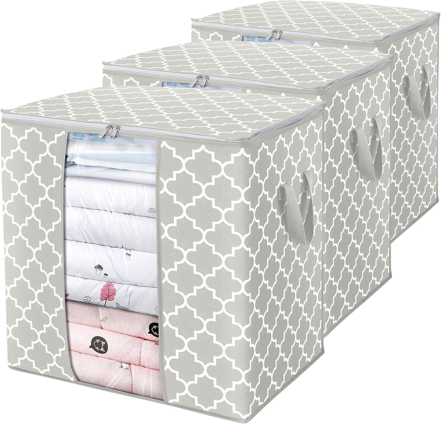 Storage Bags 3 Pack/100L Large Blanket Clothes Organization and Storage Containers for Comforters,Bedding, Foldable Organizer with Reinforced Handle, Clear Window, Sturdy Zippers,Lvory