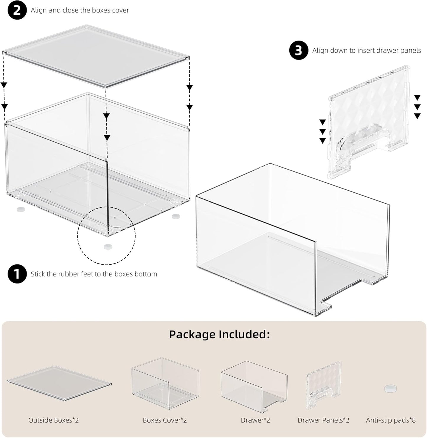 2 Pack Stackable Storage Drawers, Makeup Skincare Holder Vanity Storage Organizer, Plastic Drawers for Vanity Desk, Undersink, Kitchen Cabinet, Pantry, Bottle Organizer Baby and Storage,Clear