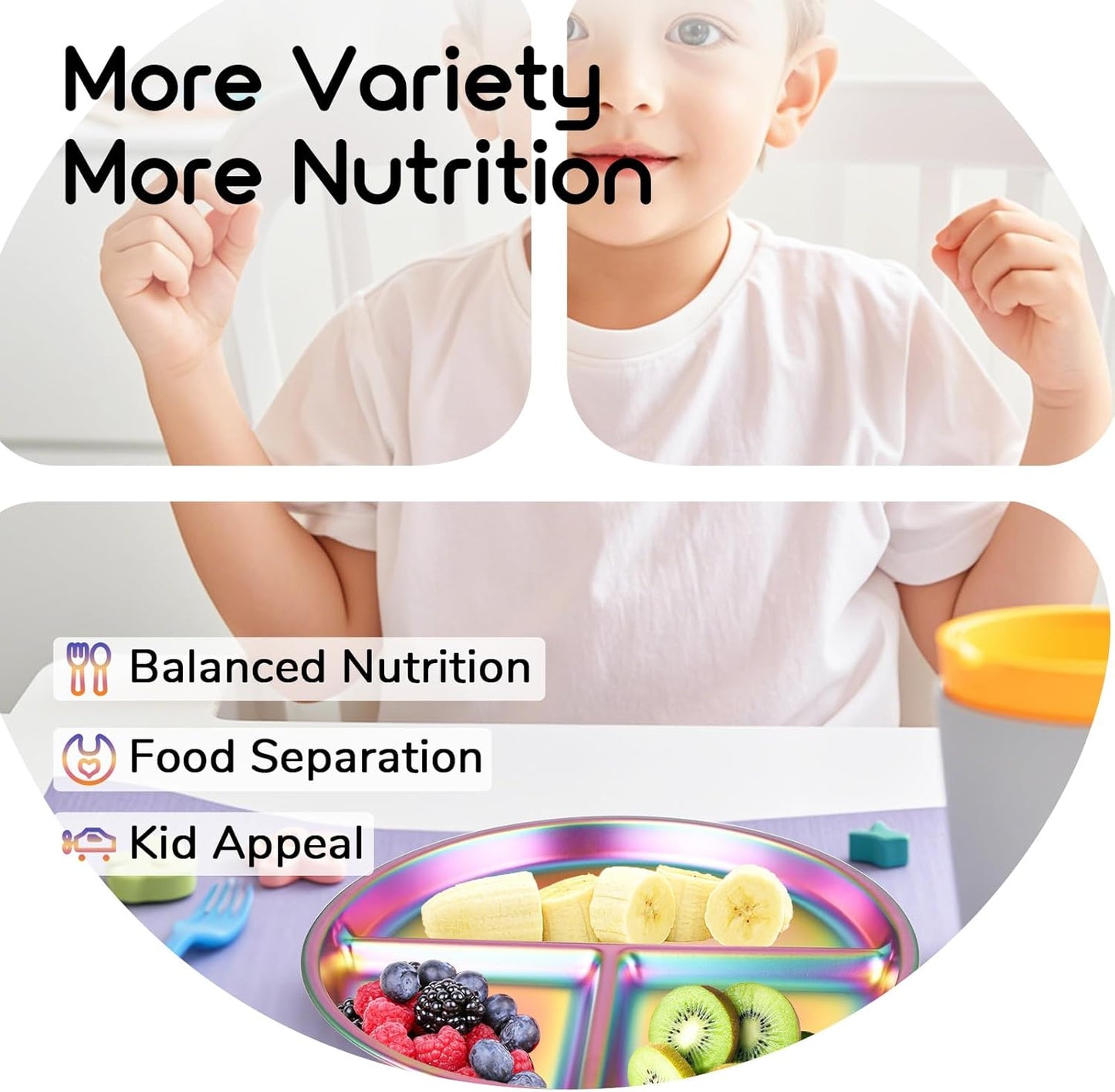 Stainless Steel Kids Plates Set of 2, 9" Portion Divided Plate for Toddler & Baby, Non Toxic Unbreakable Dinner Dishes, Metal Food Tray Camping Picnic Snack Nut Container, Bling Colorful