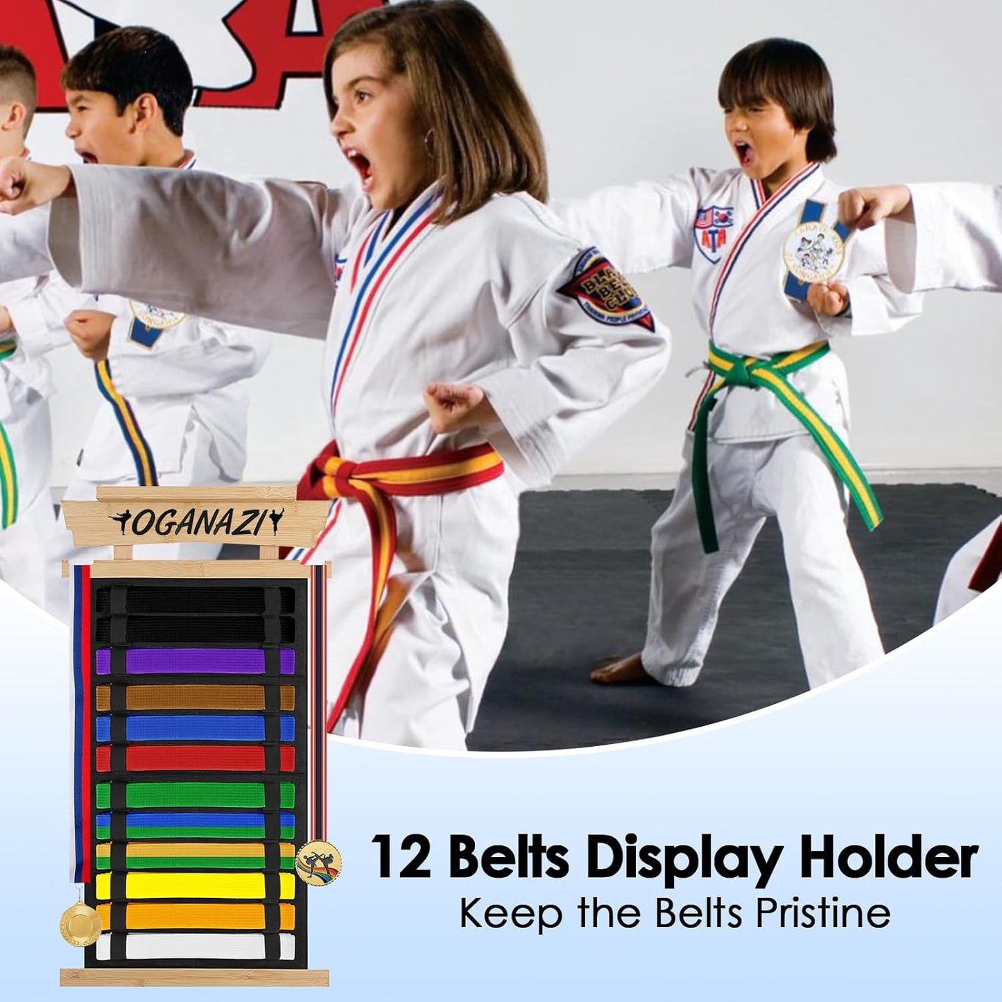 12-Belt Martial Arts Display Rack with Personalized Stickers, Bamboo Trophy Holder for Taekwondo, Karate, and BJJ Belts