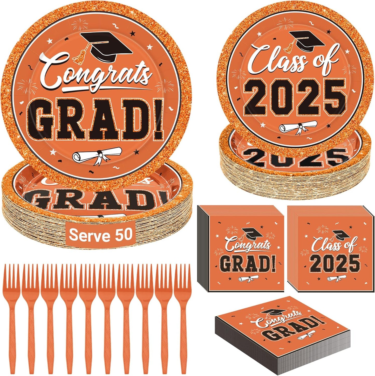 50 SET Graduation Plates and Napkins 2025 and Forks, Orange Grad Party Supplies, Disposable Orange Paper Plates and Grad Napkins, Graduation Table Decorations Class of 2025