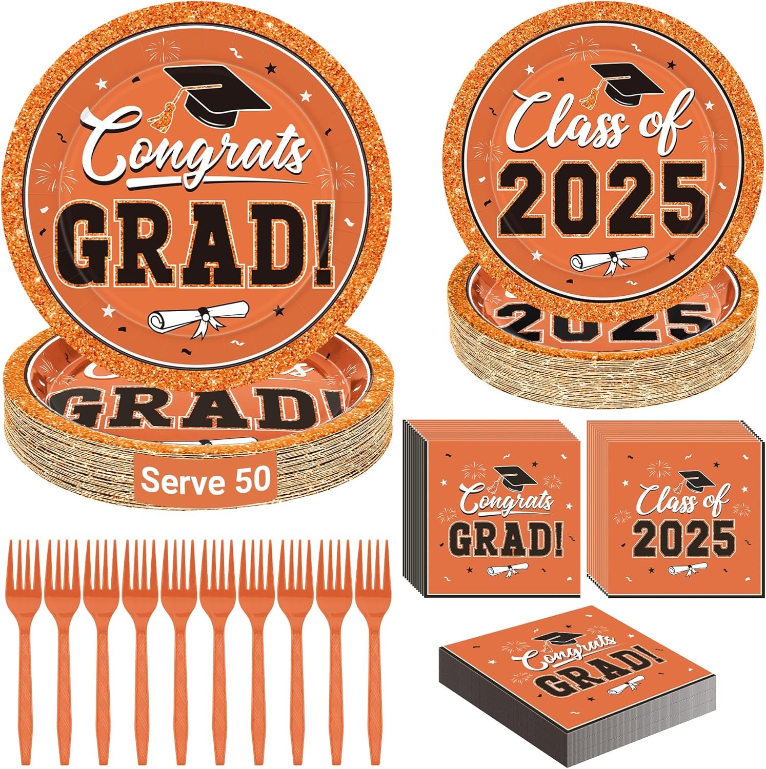 50 SET Graduation Plates and Napkins 2025 and Forks, Orange Grad Party Supplies, Disposable Orange Paper Plates and Grad Napkins, Graduation Table Decorations Class of 2025