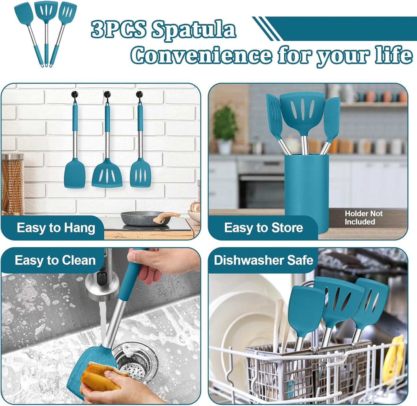 Silicone Cooking Utensils, 3 PCS Heatproof Kitchen Utensil Set for Flipping, Non-Stick Slotted & Solid Spatula Turner, Easy Clean & Non-Toxic, Blue