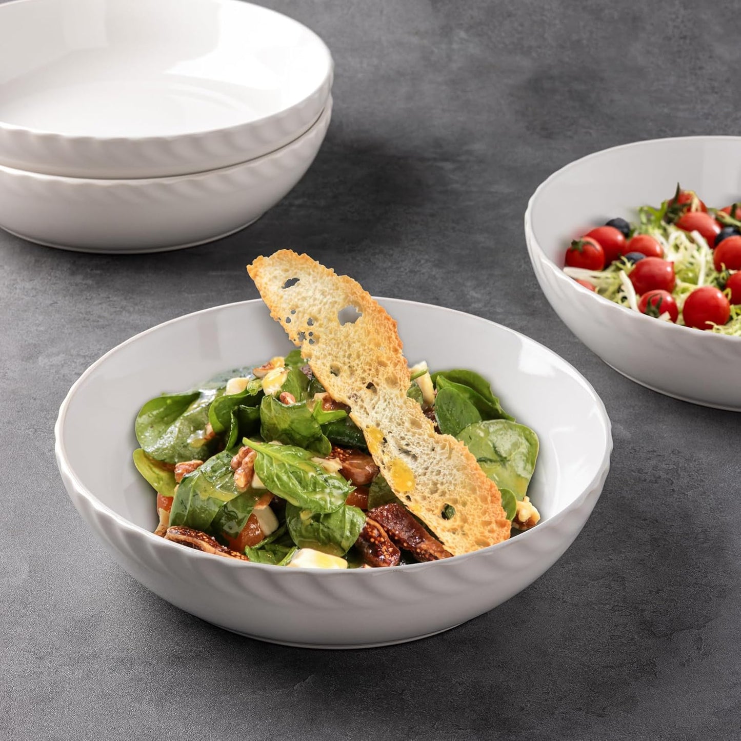 Set of 4 Large 8.5'' Stoneware Pasta and Salad Bowls, 38 Ounce Capacity with Textured Design, Ideal for Serving Pasta, Fruit, Stews, and Noodles, Perfect Housewarming Gift