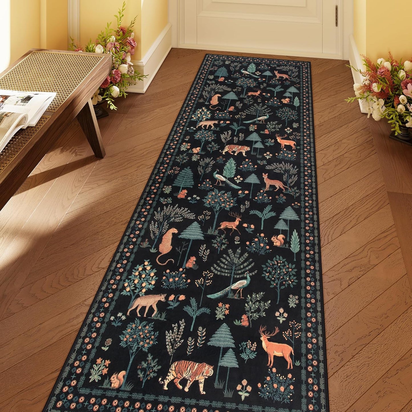 Jungle Kitchen Runner Rug, 2X10 Black Hallway Non Slip Washable Runner Rugs for Entryway, Modern Animal Carpet Non Shedding Mat for Hallway Laundry