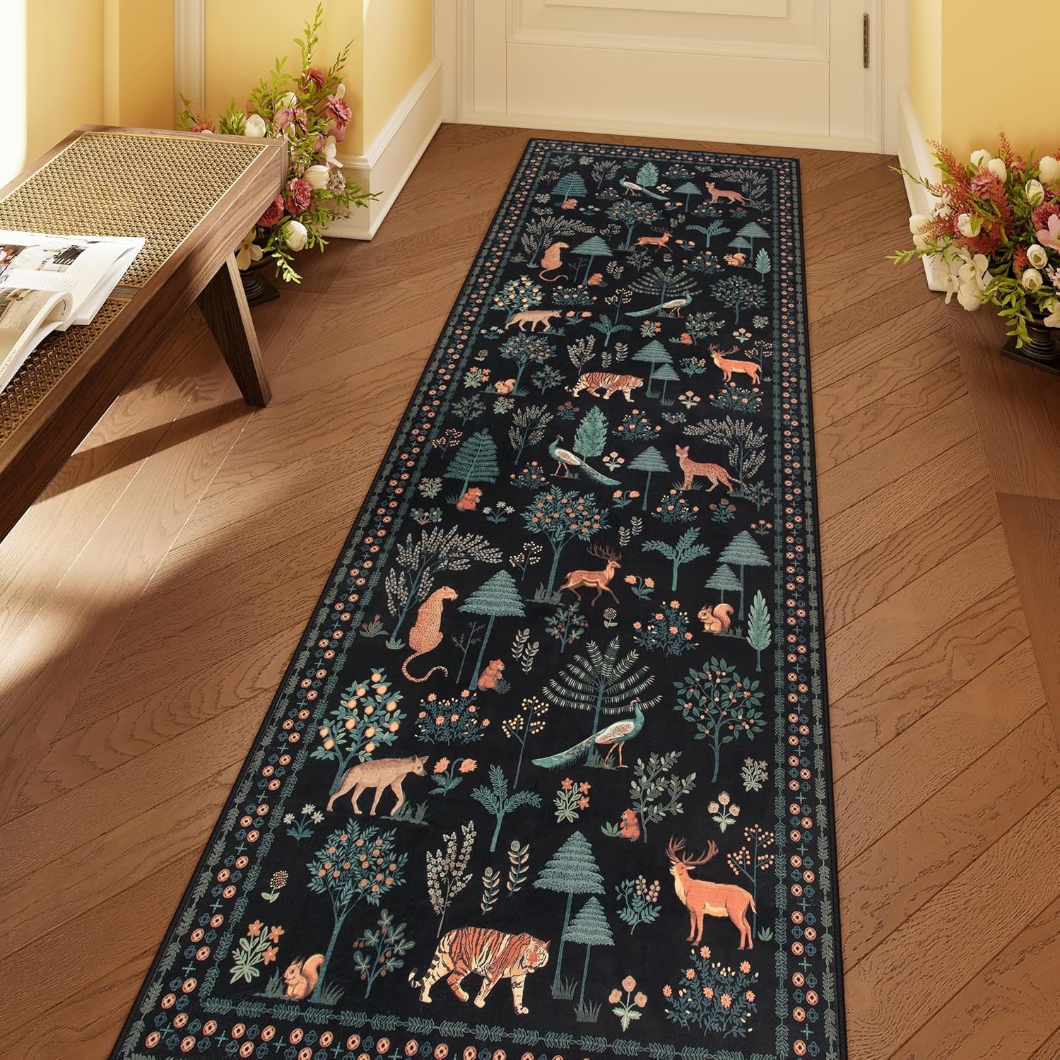 Jungle Kitchen Runner Rug, 2X10 Black Hallway Non Slip Washable Runner Rugs for Entryway, Modern Animal Carpet Non Shedding Mat for Hallway Laundry