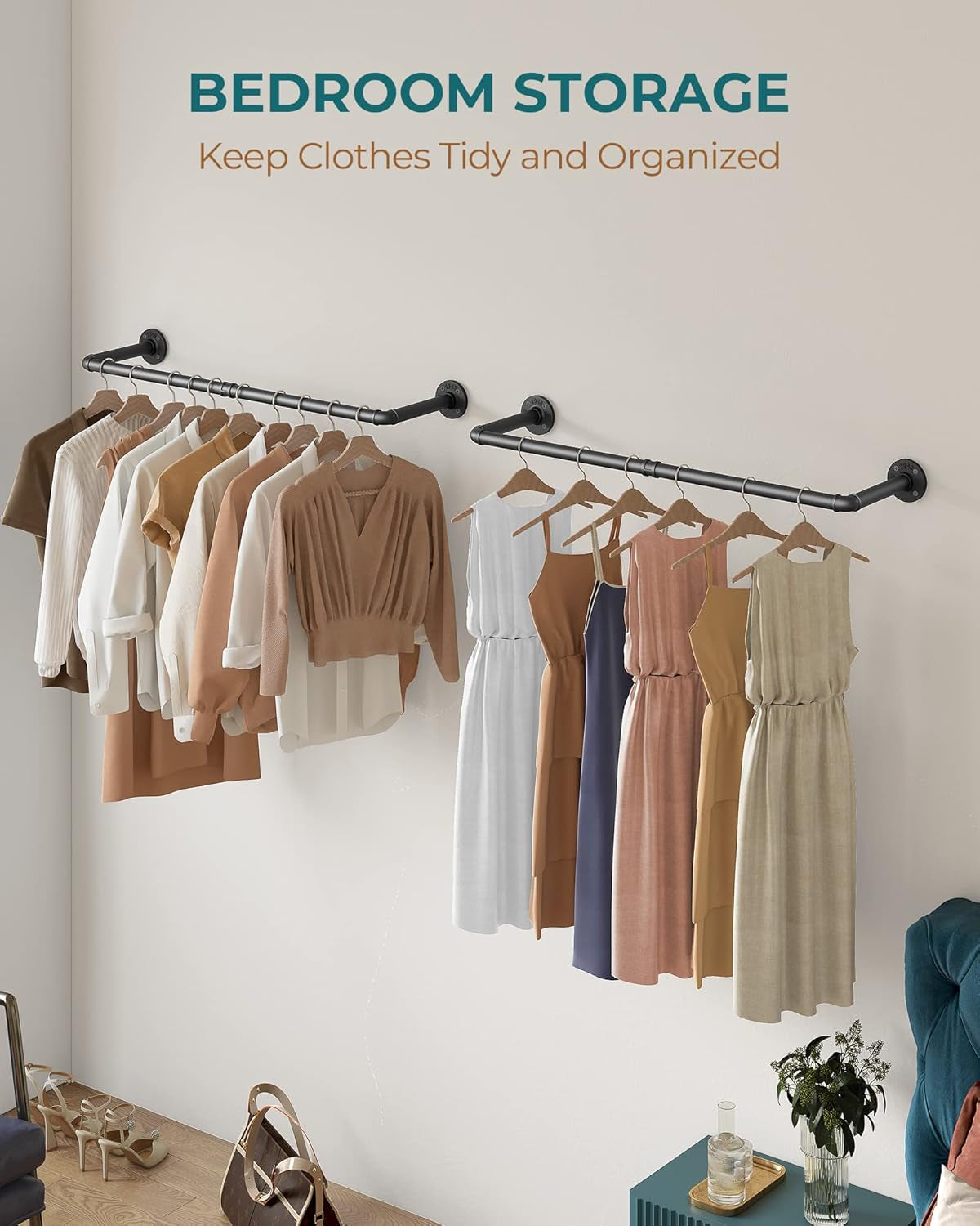 Industrial Pipe Clothes Rack Wall Mounted Set of 2, 38.4 Inches Heavy Duty Iron Pipe Clothing Garment Rail, Multi-Purpose Clothing Hanging Rod for Laundry Room and Closet Storage