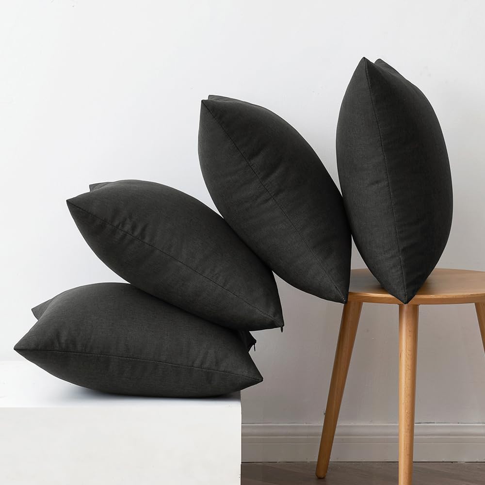 Pack of 4 Decorative Outdoor Throw Pillow Covers Linen Waterproof Pillow Covers Farmhouse Cushion Cases for Patio Garden Tent Balcony Couch Sofa 16X16 Inch Black
