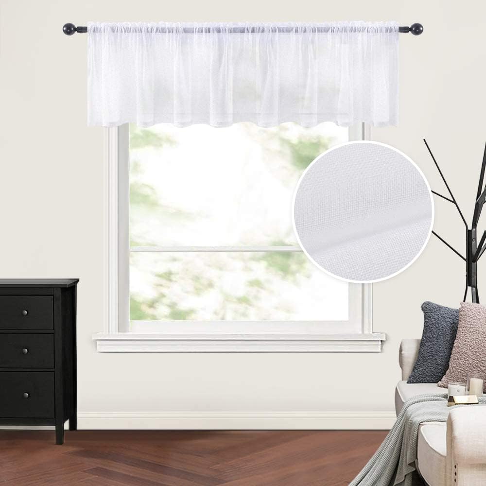 Linen Textured Sheer Curtain Valance Farmhouse Rod Pocket Drapes for Bathroom Cafe Small Window 1 Panel 60 W X 18 L Bundle with Sheer Kitchen Curtains 24 Inches Length 2 Panels, 29 X 24, White